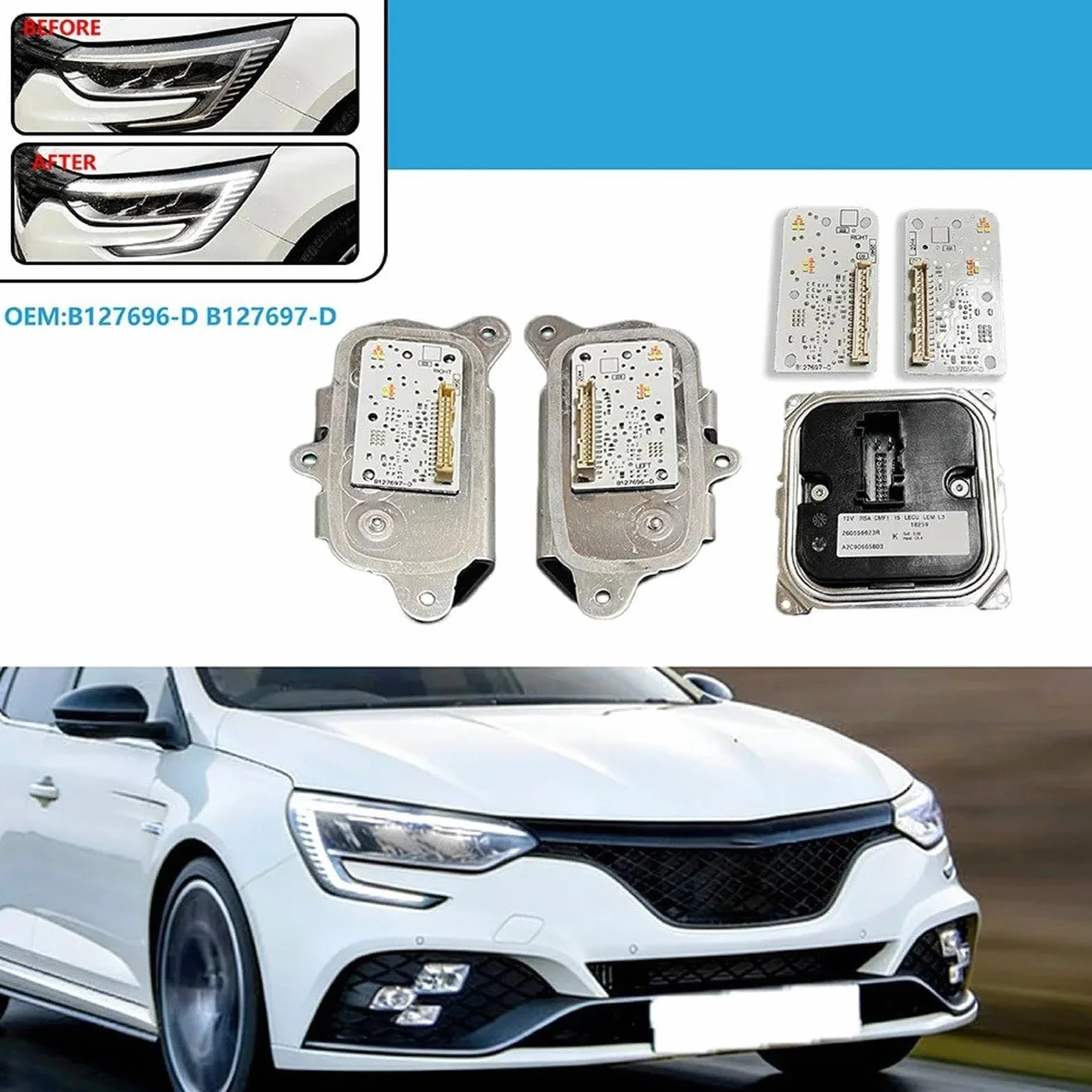Ballast Phares Pour Megane 2021 – 2023 Modules Œil D'ange LED Puce Source DRL Module Ballast DRL B127696-D B127697-D 260556623R 260551566R(1pcs Module R)