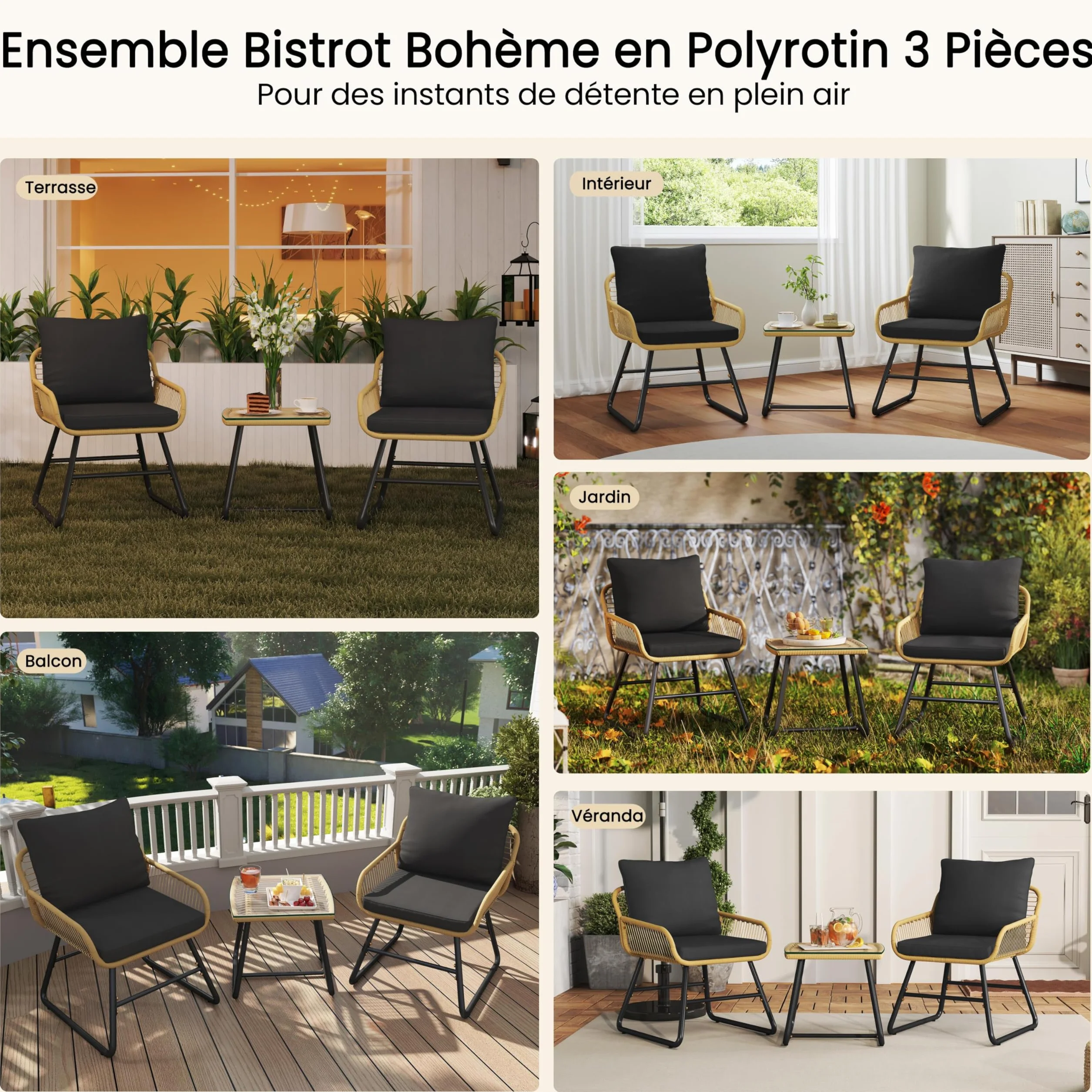 Abician Salon de Jardin Polyrotin 3 Pièces Ensemble 2 Personnes Fauteuils Table Basse Verre Trempé Beige Noir