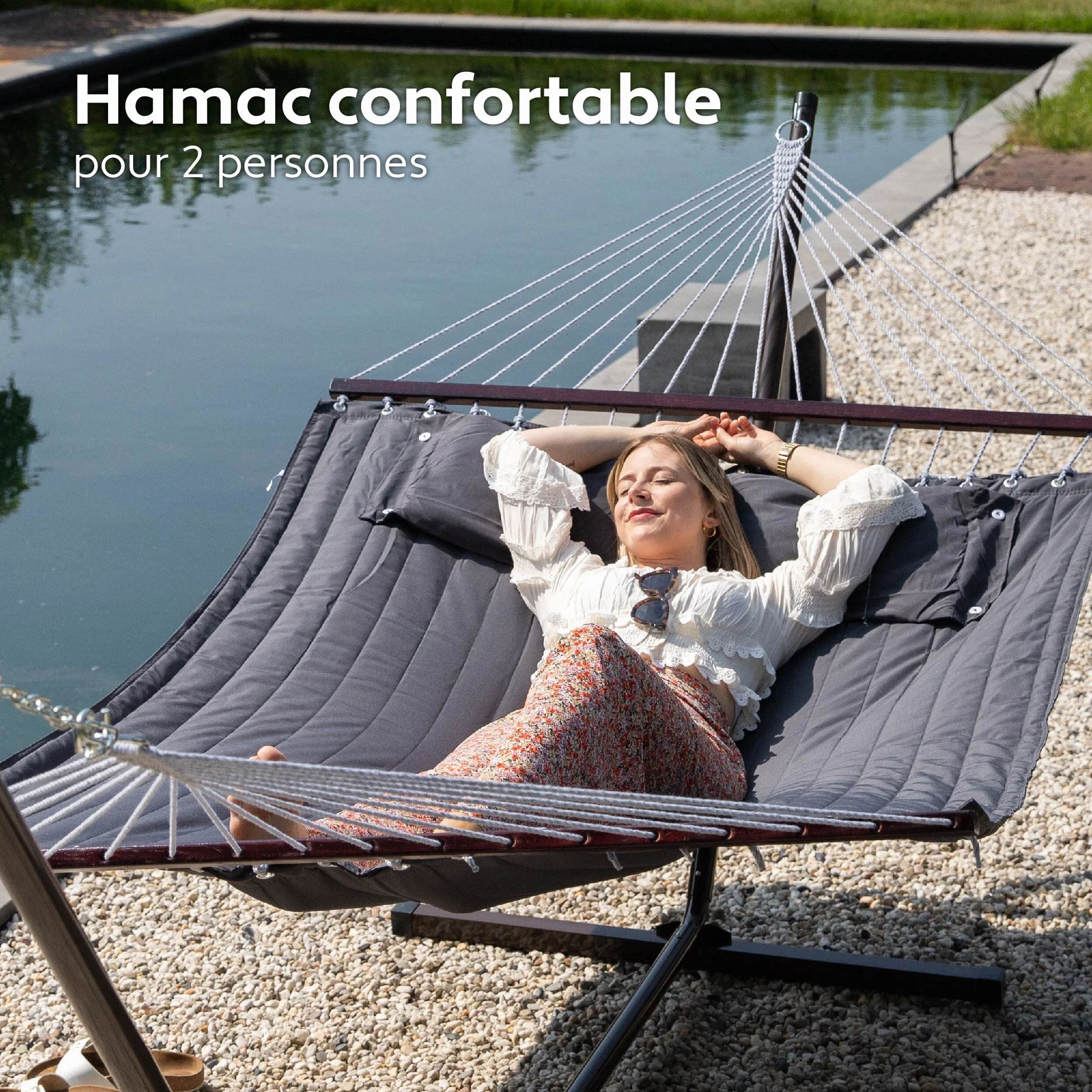 Hamac sur Pied 2 Places avec Coussin, Double Portable, Support Acier, Charge 200 Kg, Hauteur Réglable