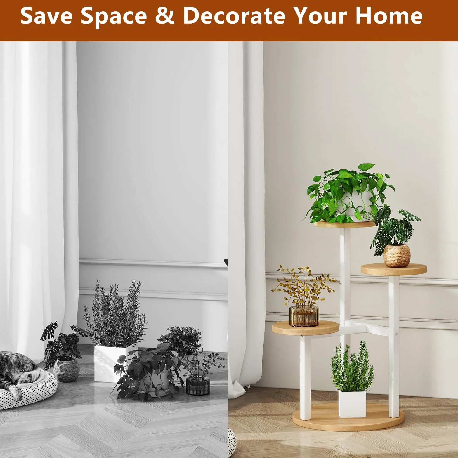 IBUYKE Support de Plante en Métal Bois 4 Niveaux 52.5cm Étagère d'Angle Blanc