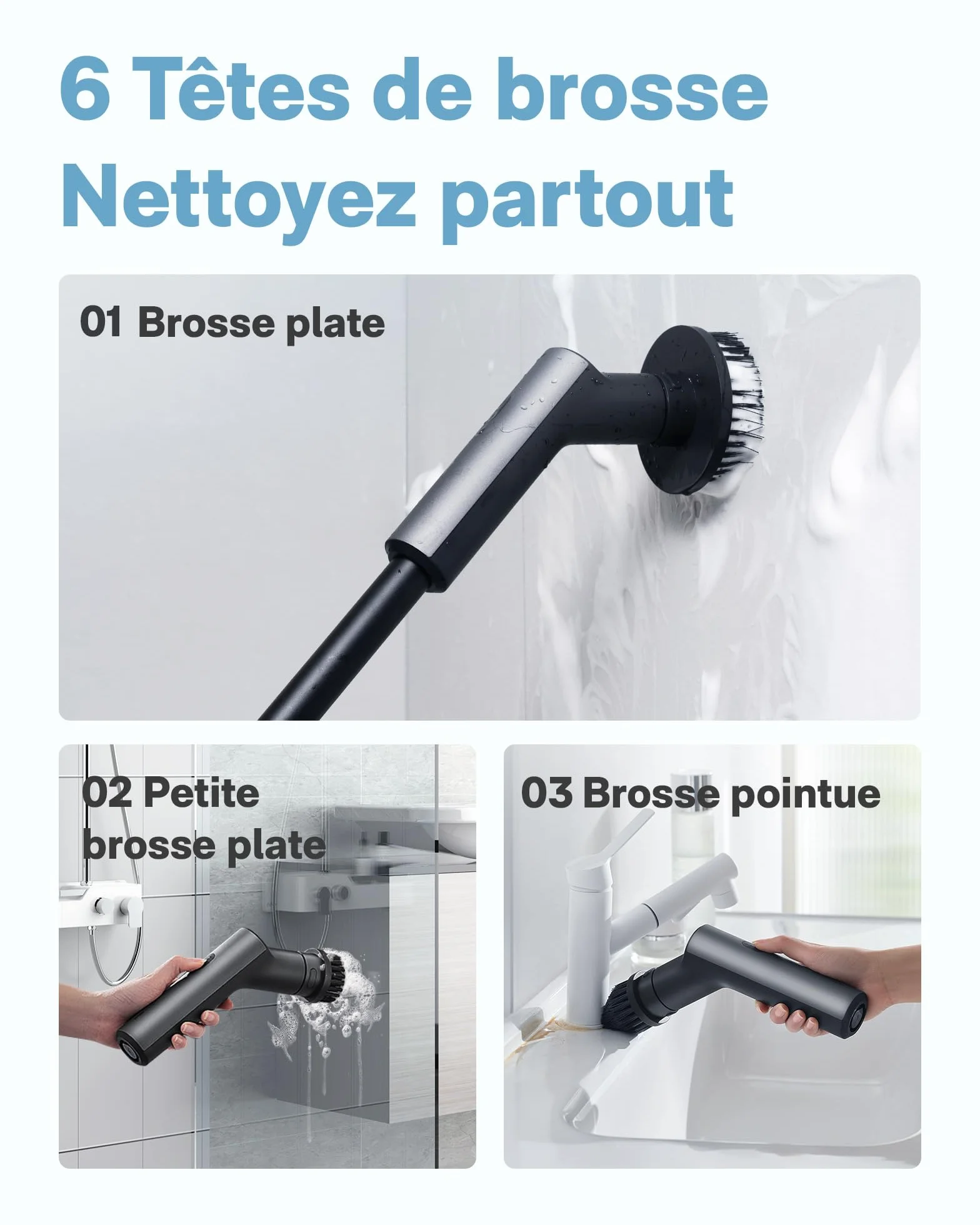 HOTO Brosse Nettoyage Electrique Rotative, IPX7 Imperméable, Brosse Rotative Électrique, Brosse Nettoyage Salle de Bain sans Fil, avec Poignée Réglable et 6 Têtes Brosse, pour Salle de Bain et Cuisine