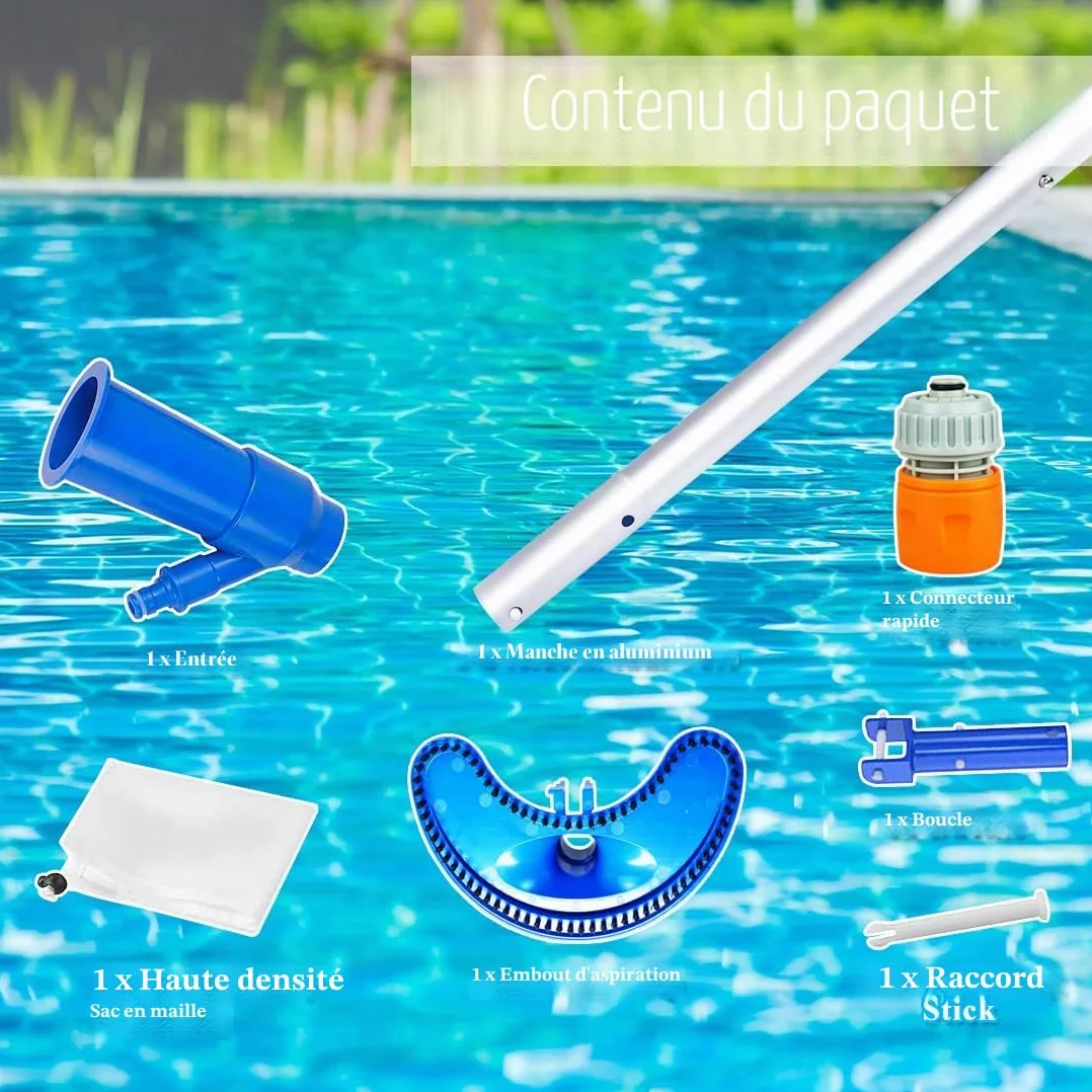 Aspirateur de Piscine Kit de Nettoyage 1.5M Tête d'aspirateur Perche Télescopique Tige Aluminium Détachable Jacuzzi Fontaine Aquarium Étang Brosse