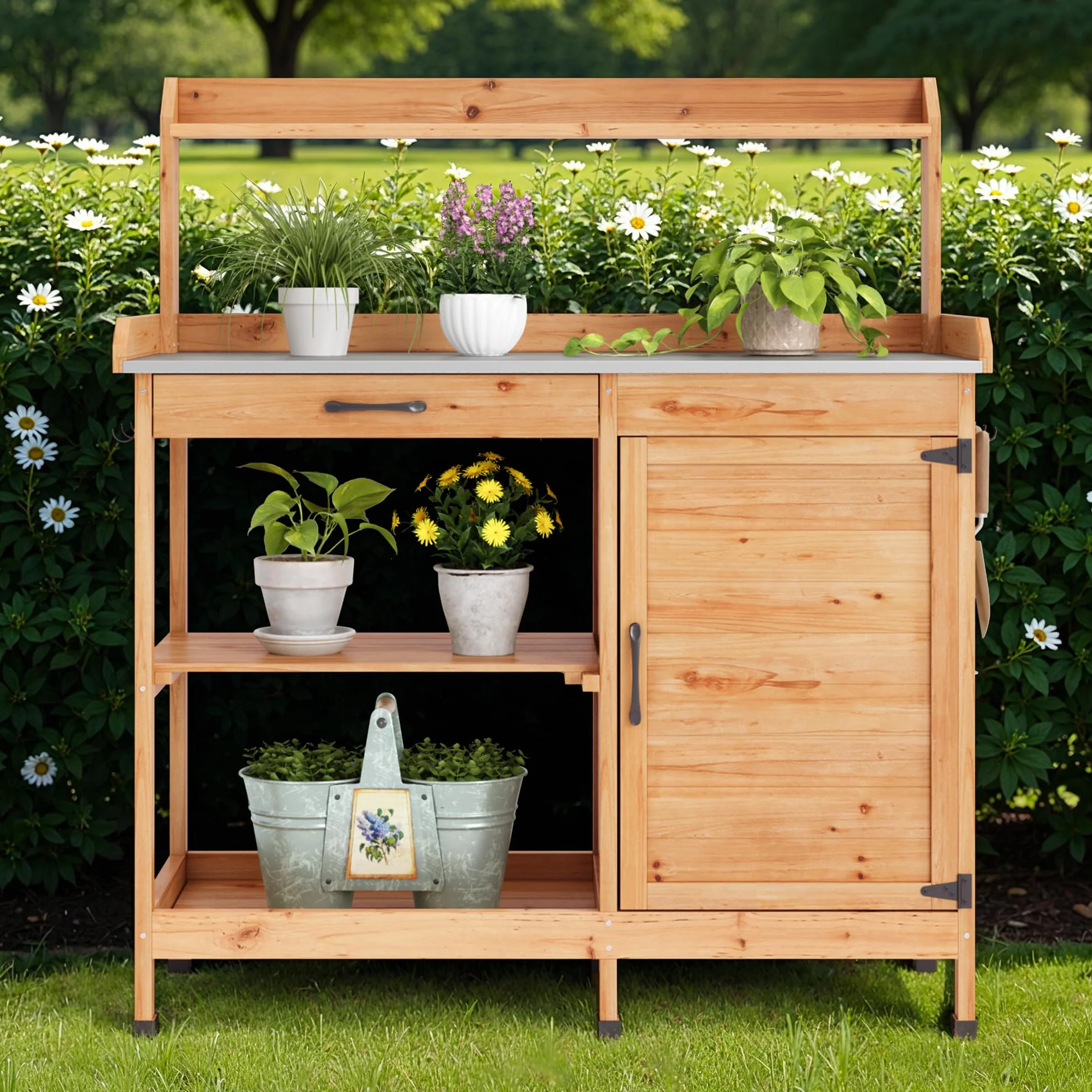Table de Jardinage en Bois avec Plan de Travail Galvanisé 112x46x125 cm Naturel