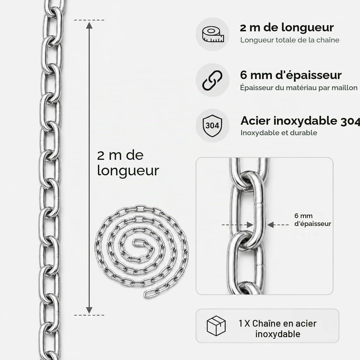 CYEER Chaîne en Acier Inoxydable 6mm x 2m, Chaîne Métallique Robuste en Inox 304 pour Fauteuil Suspendu, Sac de Frappe, Balançoire et Jardin, Maillons Soudés Résistants aux Intempéries