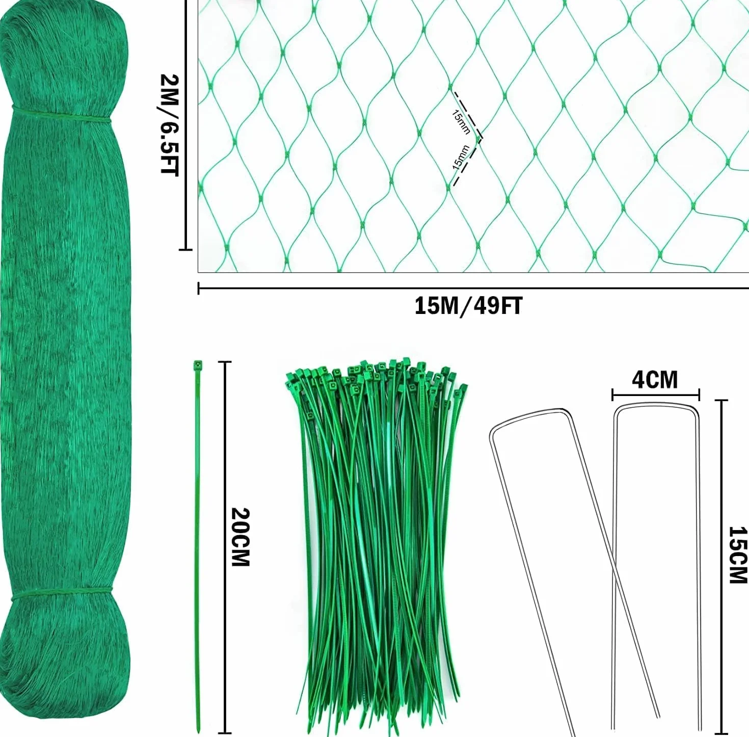 Filet Anti Oiseaux 2m x 15m Kit Jardin avec Attaches et Piquets Protection Fraisier Fruits Graines