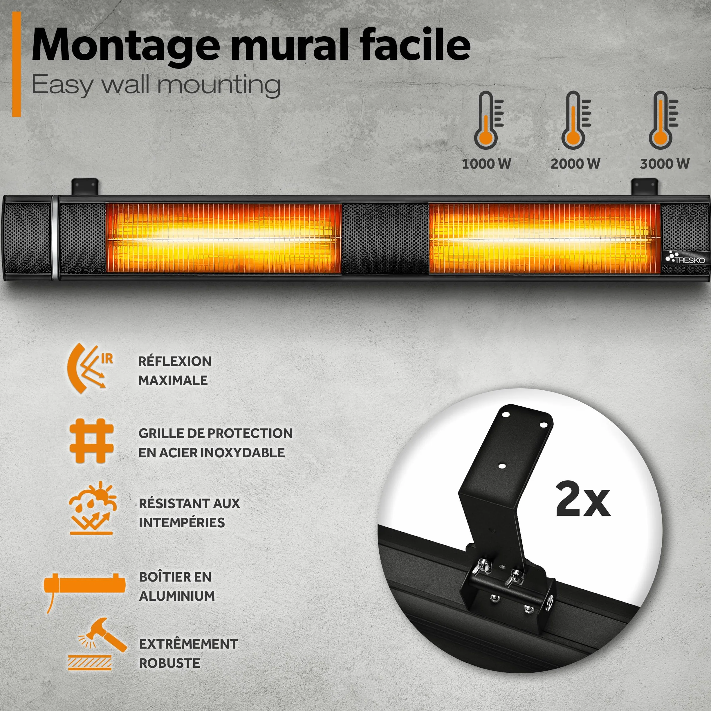 TRESKO Radiateur infrarouge extérieur 3000W Chauffage radiant terrasse Noir