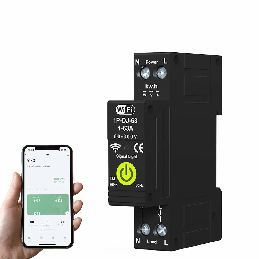 WiFi Disjoncteur intelligent ON OFF Timing Photovoltaïque Bidirectionnel Compteur d'énergie Protecteur de réenclenchement automatique avec mesure et fonction prépayée Compatible avec Alexa et Google