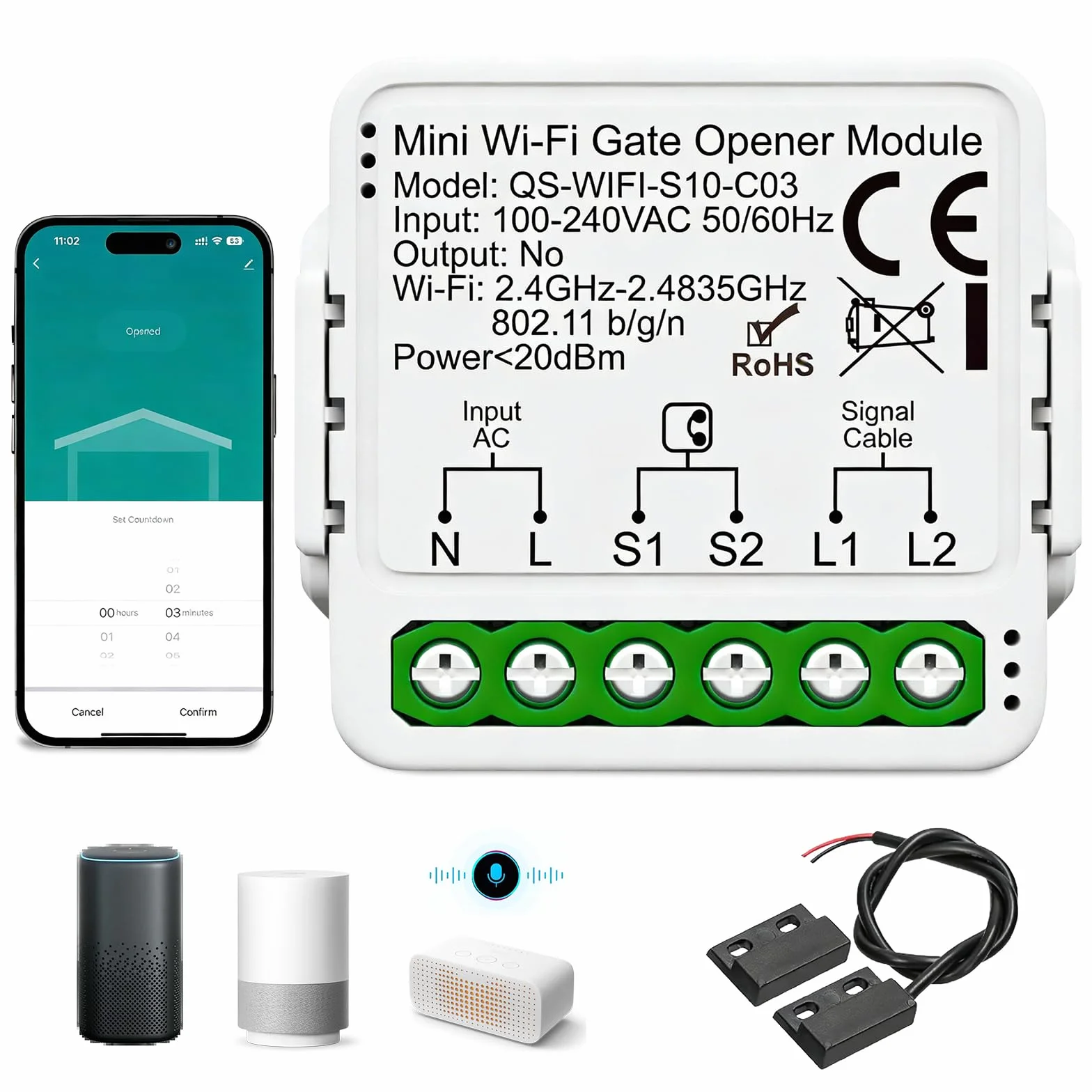 Capteur Ouverture Porte Garage Wifi, Module Interrupteur Connecté, Module Wifi Porte De Garage, Commande APP & Voix, Minuteur, Capteur De Porte, Compatible Alexa/Google Home