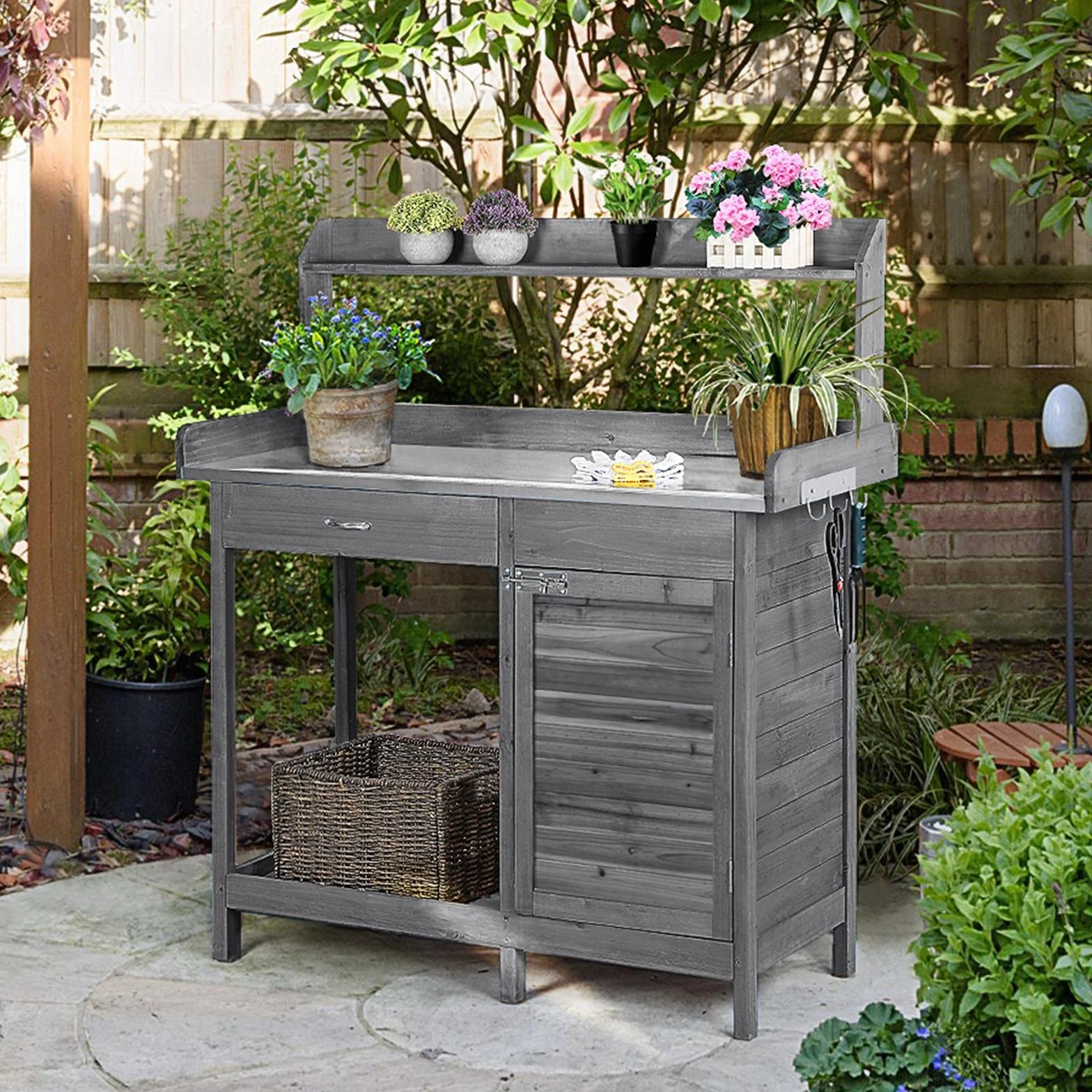 Yaheetech Table de Rempotage Jardinage avec Tiroirs Crochet Armoires Rangement Métallique Galvanisé Gris