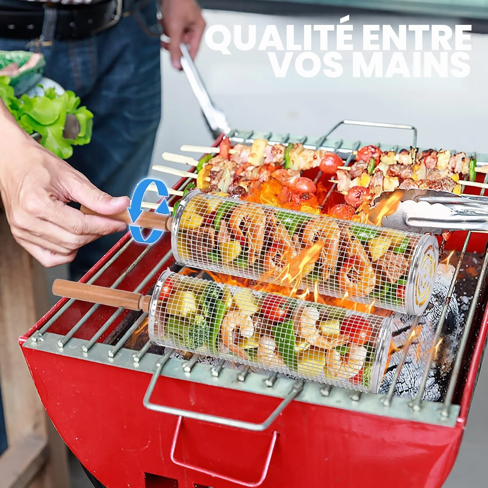 Paquet de 2 Paniers de Gril Cylindriques en Acier Inoxydable avec Poignée en Bois pour Camping