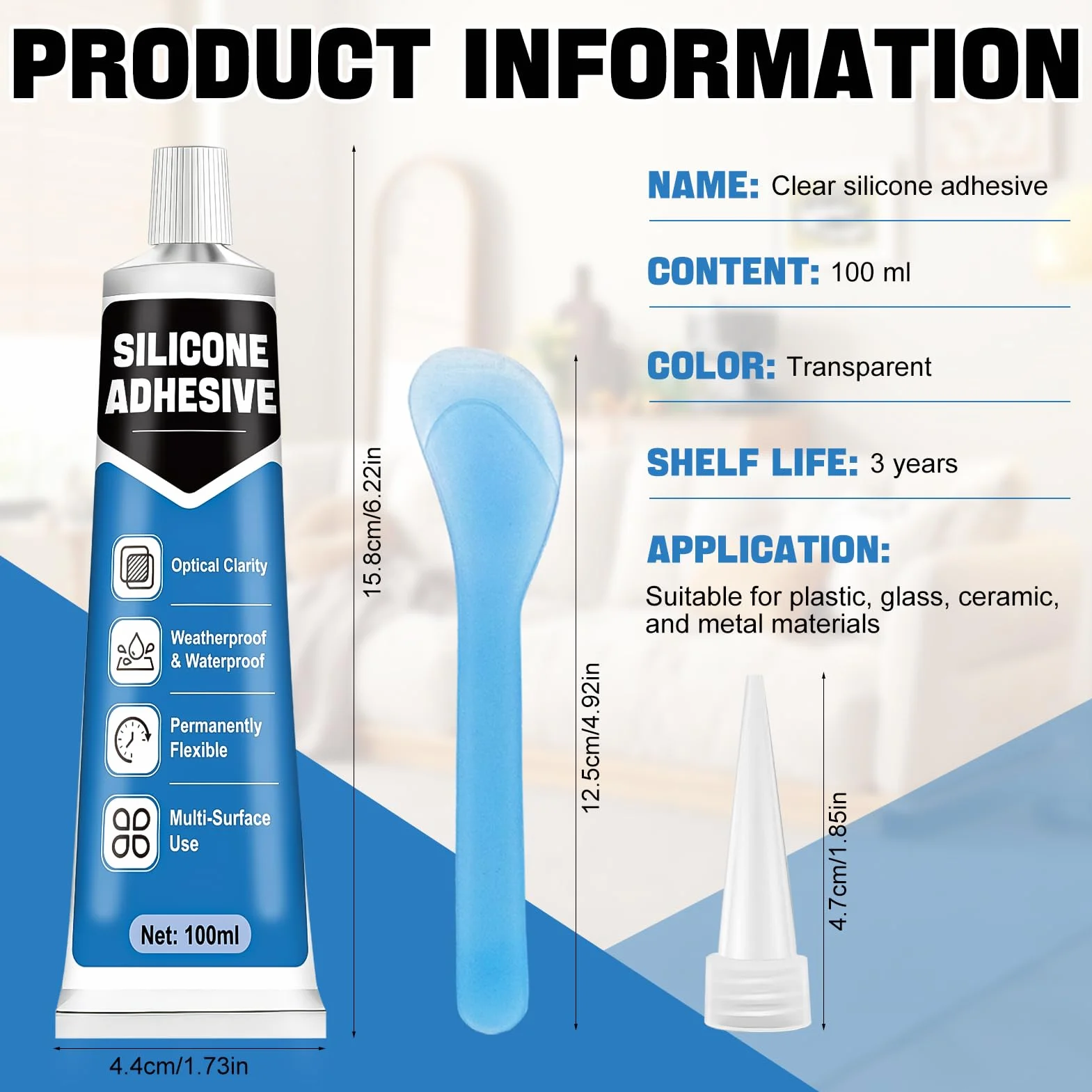 Silicone Transparent, Colle Plastique Extra Forte, Colle Silicone, Colle Transparente, Colle Résistante à L'eau, Durable, le Plastique, la Céramique et le Métal etc Surface Lisse, 100ML