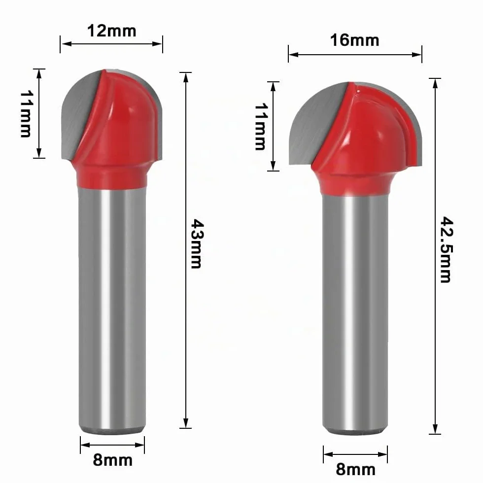 ASNOMY Fraise à Fond Rond Bois, 5PCS Router Bits 8mm Tige 12/16/ 19/22/25.4mm Fraise à gorges Carbure Queue Fraise à Rainurer pour Défonceuse Outil de Coupe Bit de Routeur