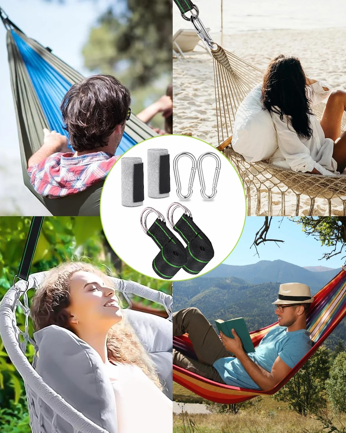 Sangle de Suspension 2 x 200 cm avec D-Ring, Protection d'Arbre pour Balançoire et Hamac Vert