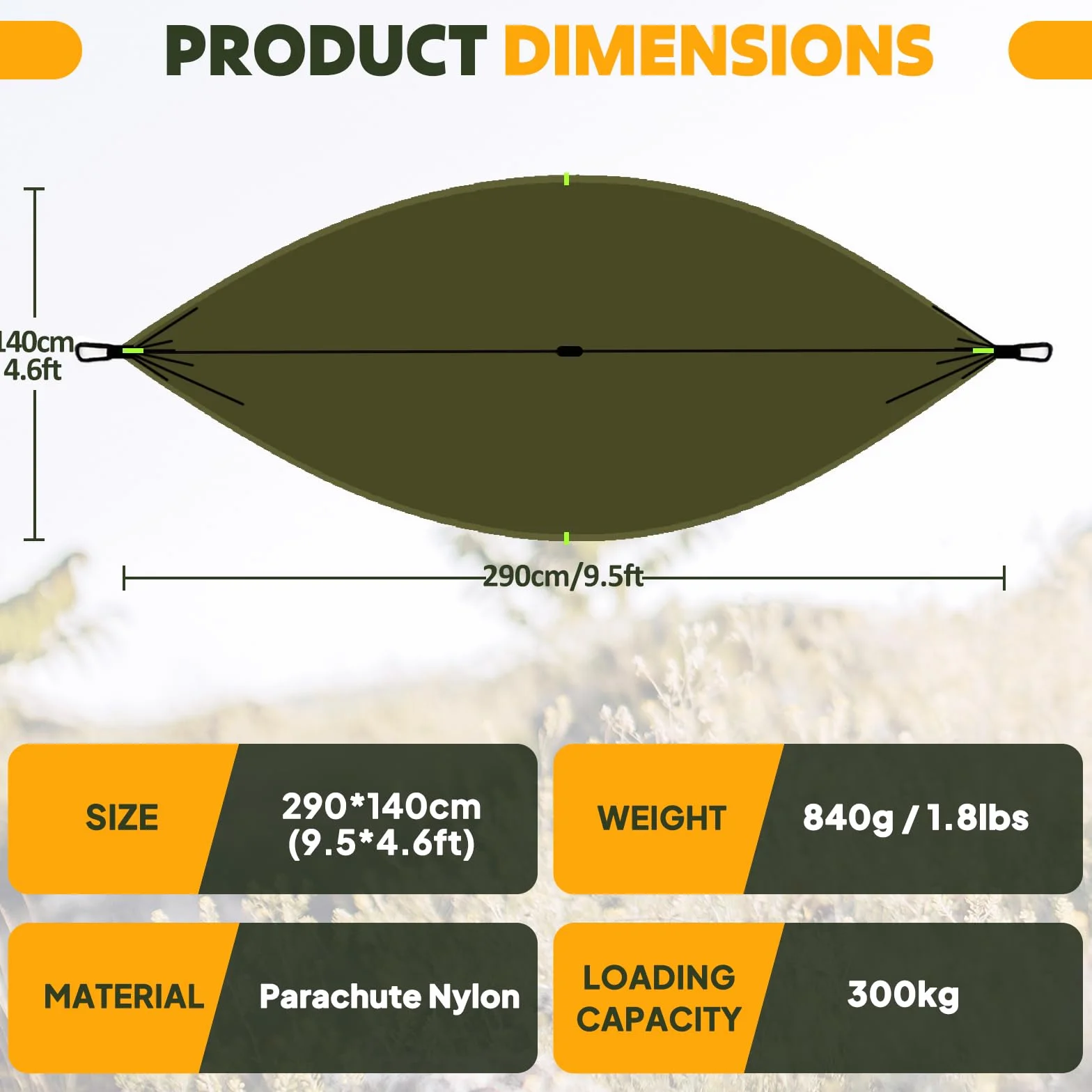 NATUREFUN Hamac de Camping avec Moustiquaire 300kg 290x140 cm Nylon Parachute Respirant
