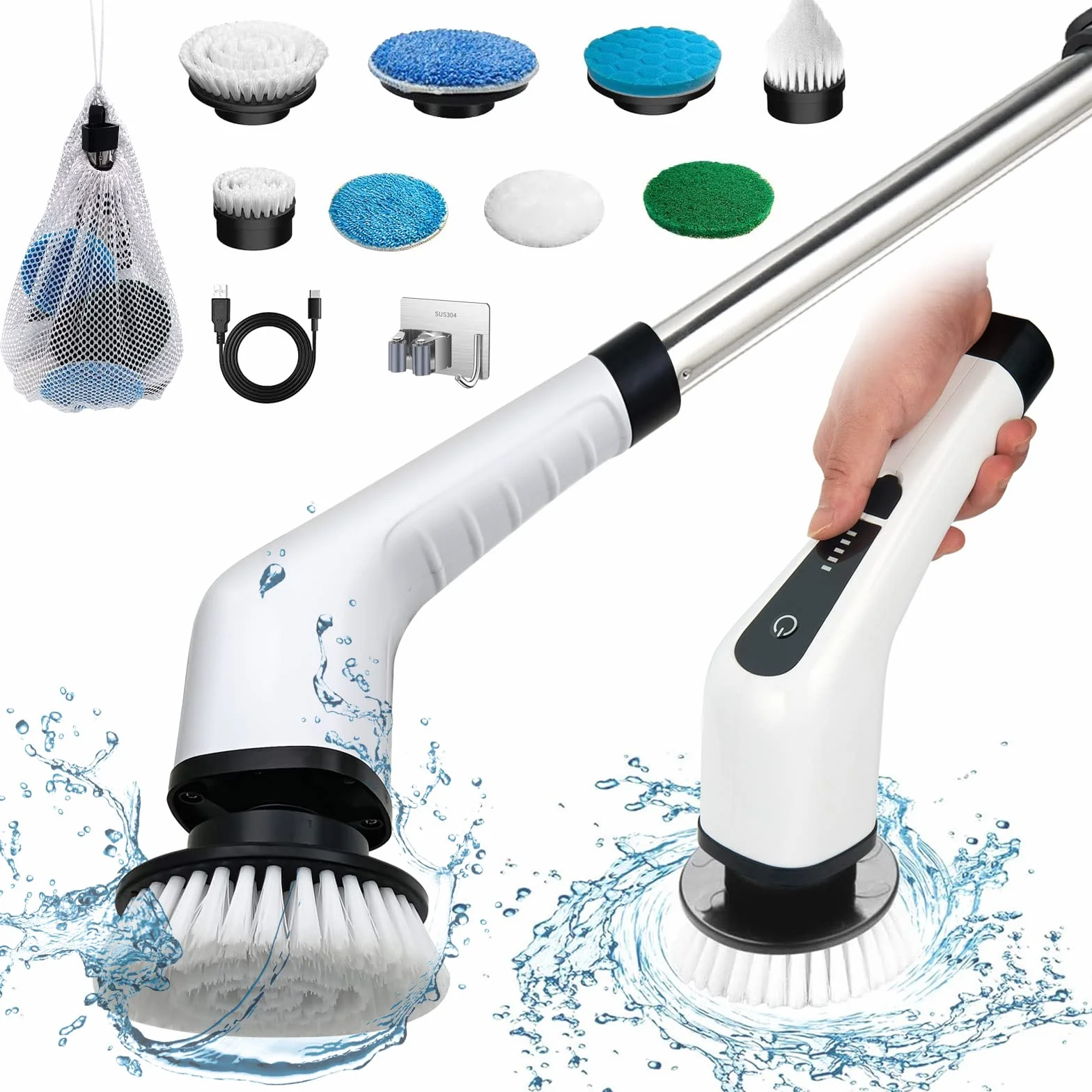 FARI Brosse Électrique Rotative Sans Fil - 8 Têtes Remplaçables, Nettoyage Douche, Poignée Ajustable Pour Salle de Bain, Carrelage et Voiture - Blanc