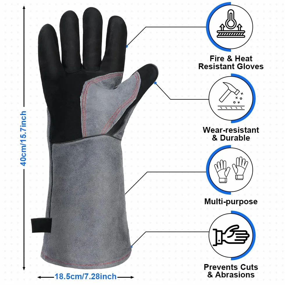 Gants de Barbecue en Cuir Anti Chaleur Épaississement Résistant au Feu pour Four Soudure Cheminée Jardinage Gris