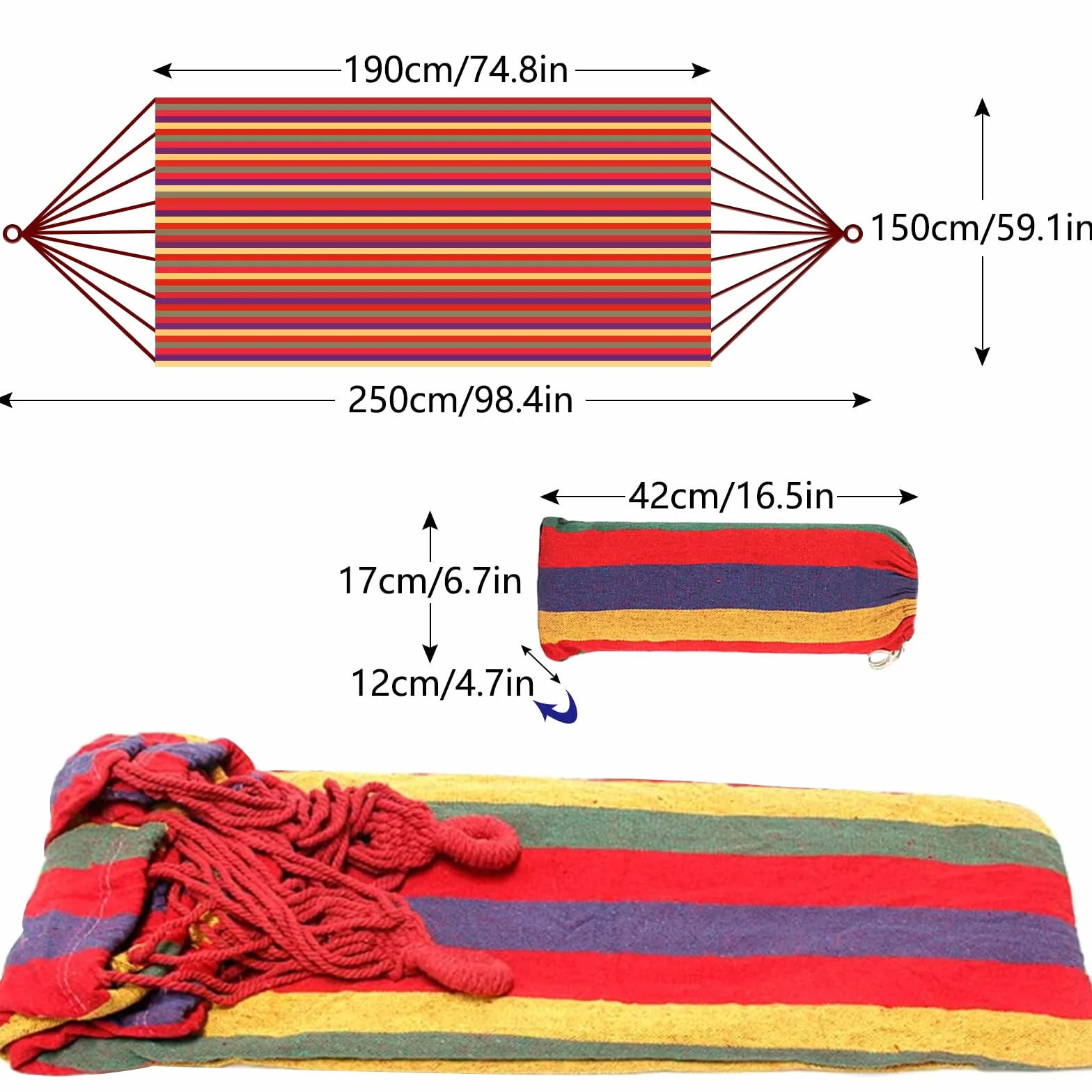 Hamac de plein air en coton 190 x 150 cm, capacité 150 kg, avec sac de transport pour camping et jardin