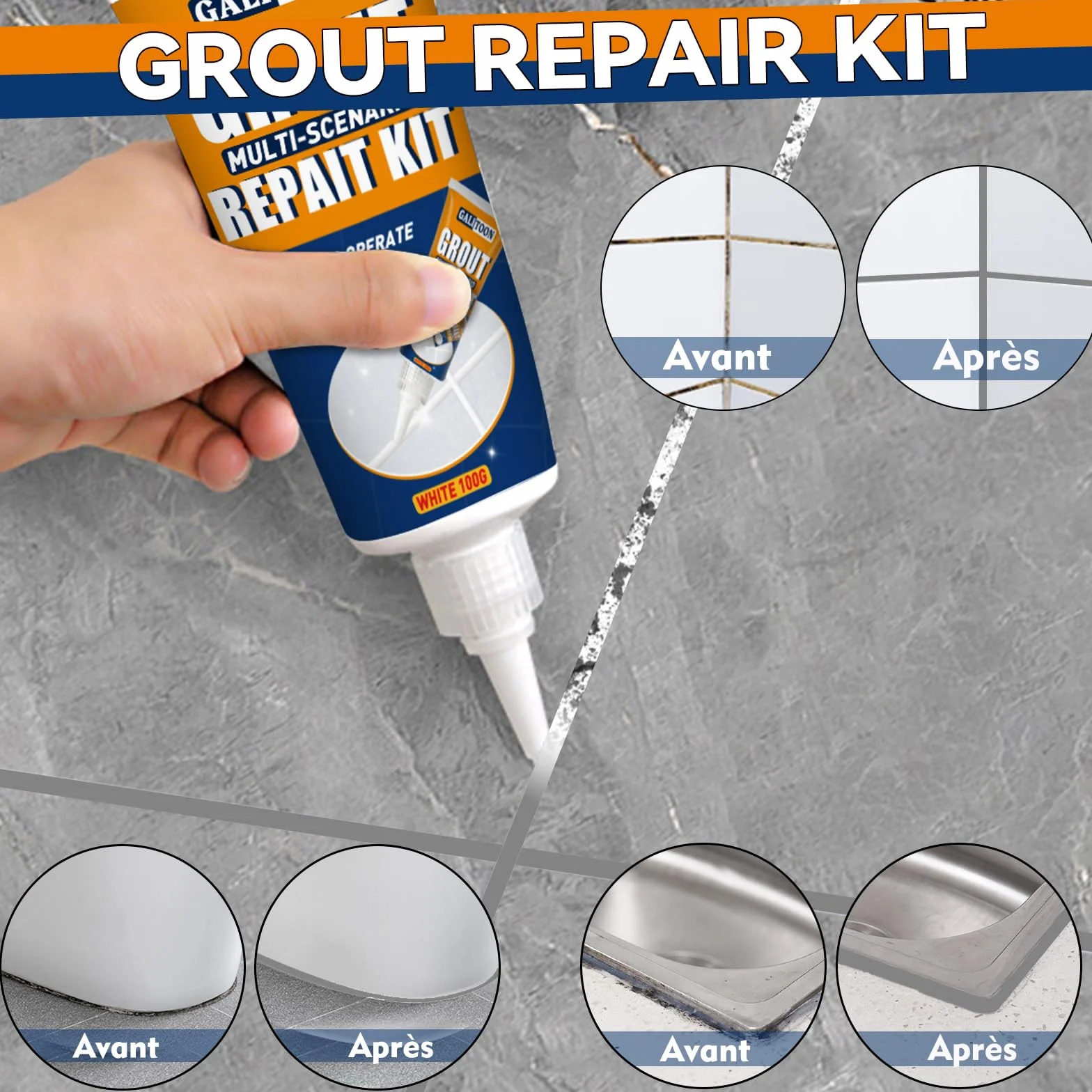 Kit de Réparation de Joints de Carrelage, Lot de 2 Réparations de Joints de Carrelages, Réparation de Joint de Carrelage à Séchage dans la Salle de Bain, Restauration (Gris, 2)