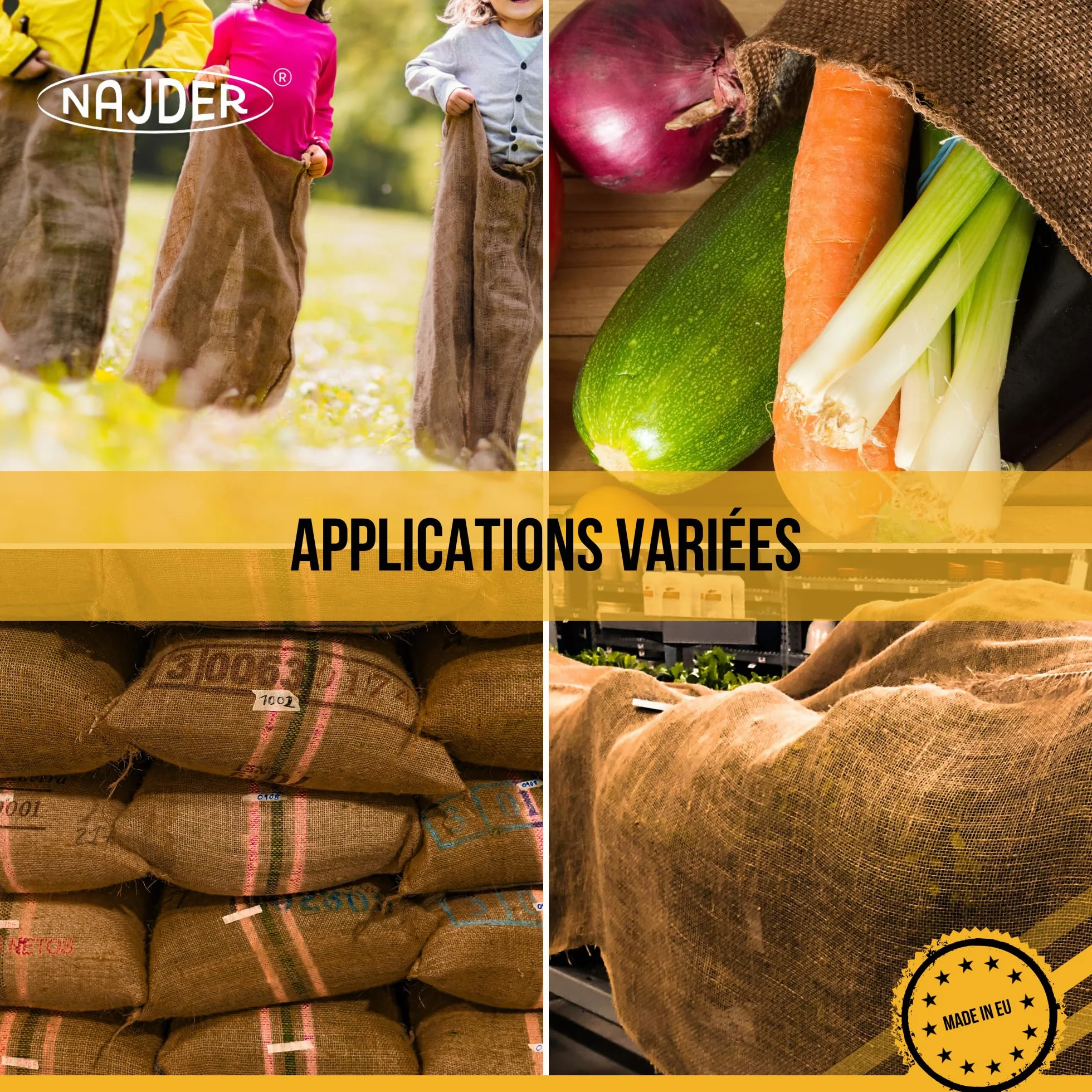 NAJDER Sacs Toile de Jute 50x85 cm 25 kg Lot de 5 Sacs Jute Naturelle Grand Format