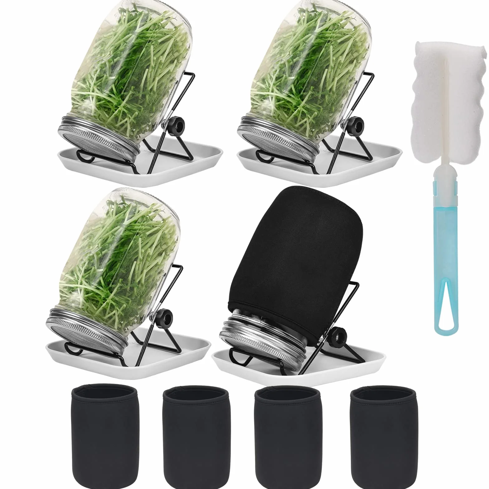 Bocal de germination de graines 4 pots Mason acier inoxydable 304 1000ml avec couvercles plateau support toile d'ombrage brosse
