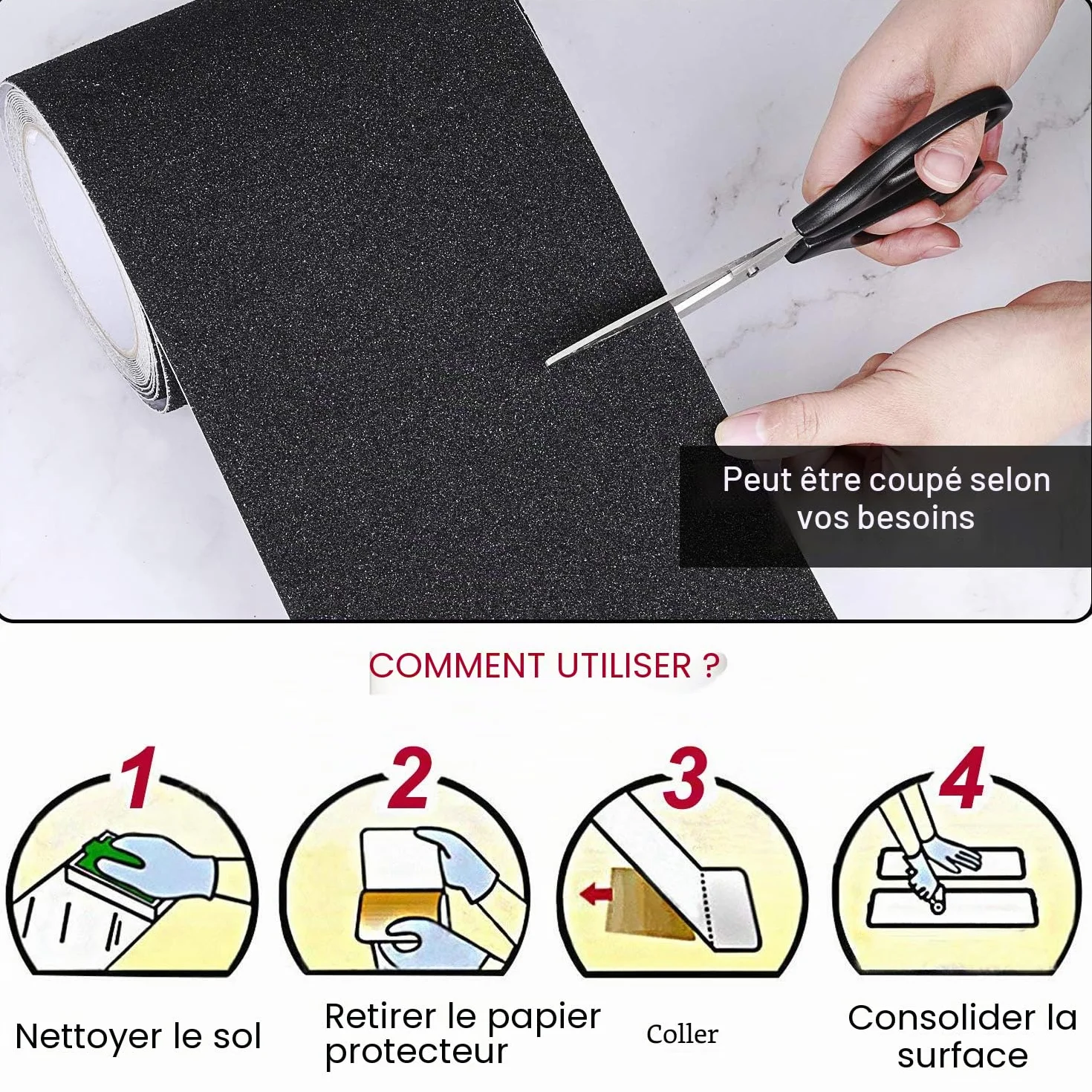 Bande Antidérapante Adhésive pour Escaliers, Friction, Abrasif pour les Sécurité, Escabeau, Intérieur, Extérieur, Haute Traction, 15CM x 5M, Noir