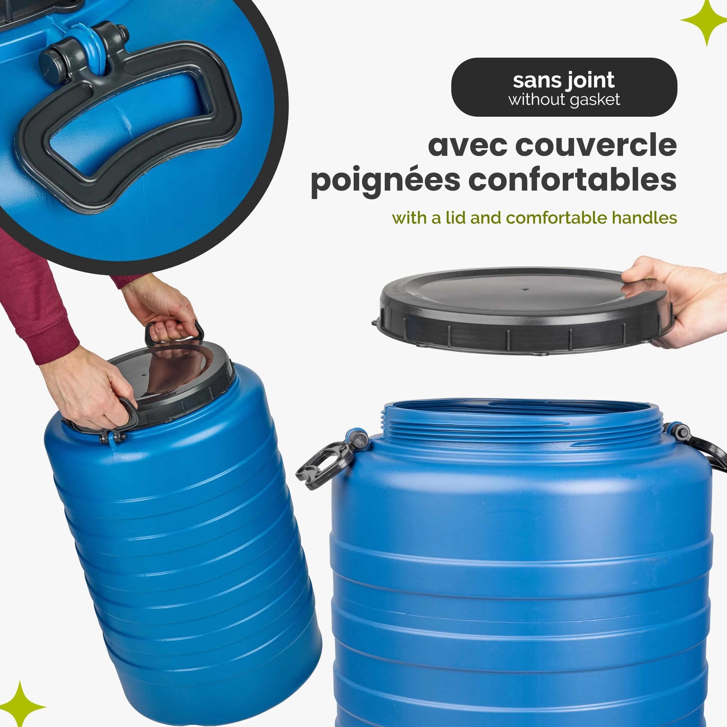 Garronda Fût Alimentaire 60 L Plastique HDPE Tonneau Baril Grande Ouverture Bleu
