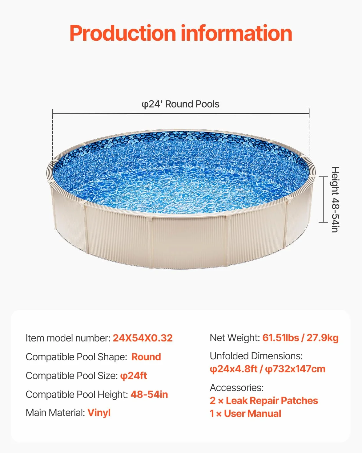 VEVOR Revêtement de Piscine Ronde 732x147 cm Chevauchement Vinyle Calibre Standard Résiste à l'usure