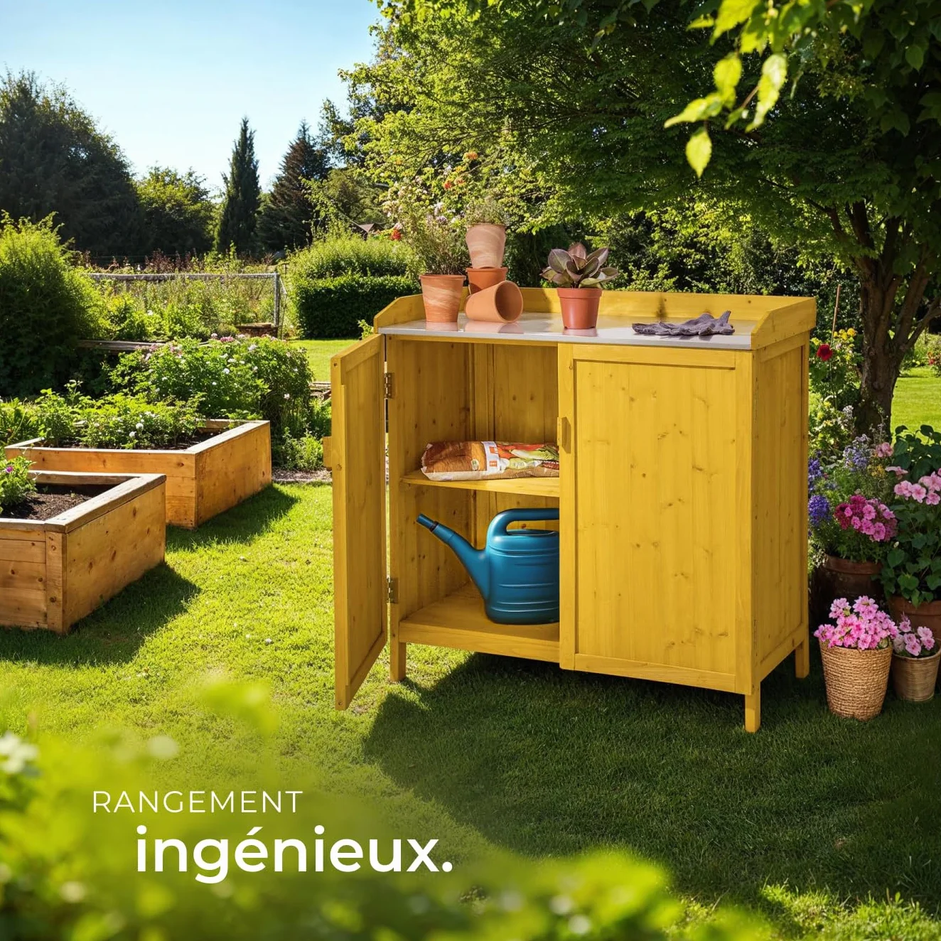 Tectake Table de rempotage Abri de Jardin Bois Plan de Travail zingué Table de Culture Rangement Outils Jardinage Armoire Jardin Exterieur Plantes Fleurs semis Potager