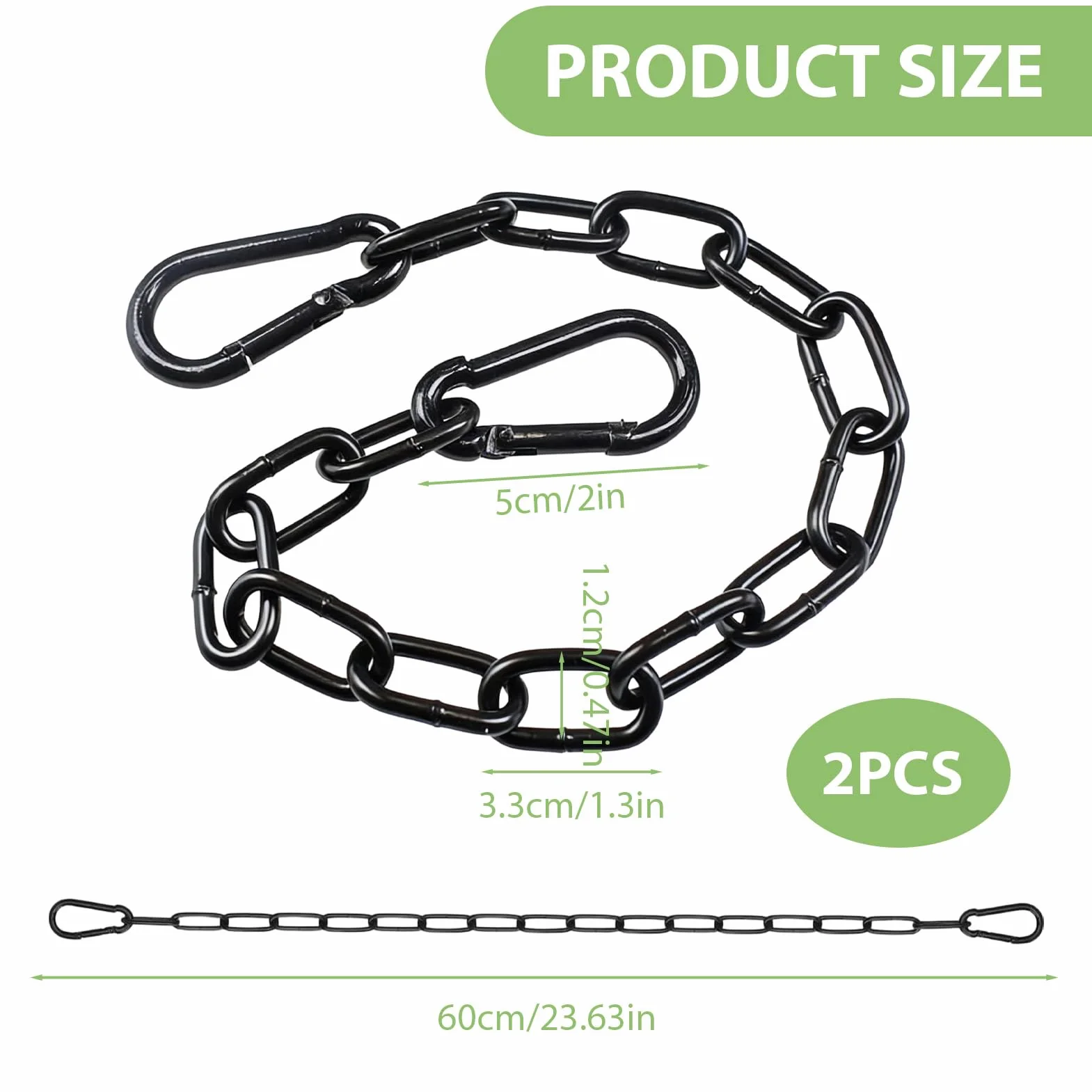 2 Pièces 60Cm Chaine Acier Inoxydable 304 Avec 4 Mousquetons, pour Accrocher Chaîne d'ancre Hamac Multifonctionnel,pour Jardinières, Barrières de Clôture, Balançoires, Portes De Cages, Lustres,Noir