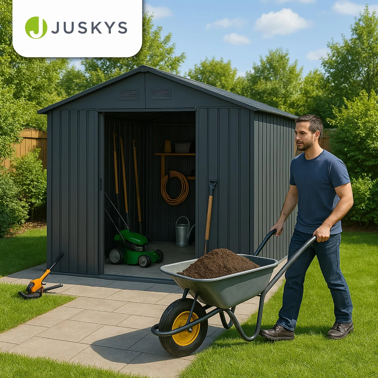 Juskys abri métallique XL gris foncé résistant aux intempéries avec cadre de fondation porte coulissante verrouillable