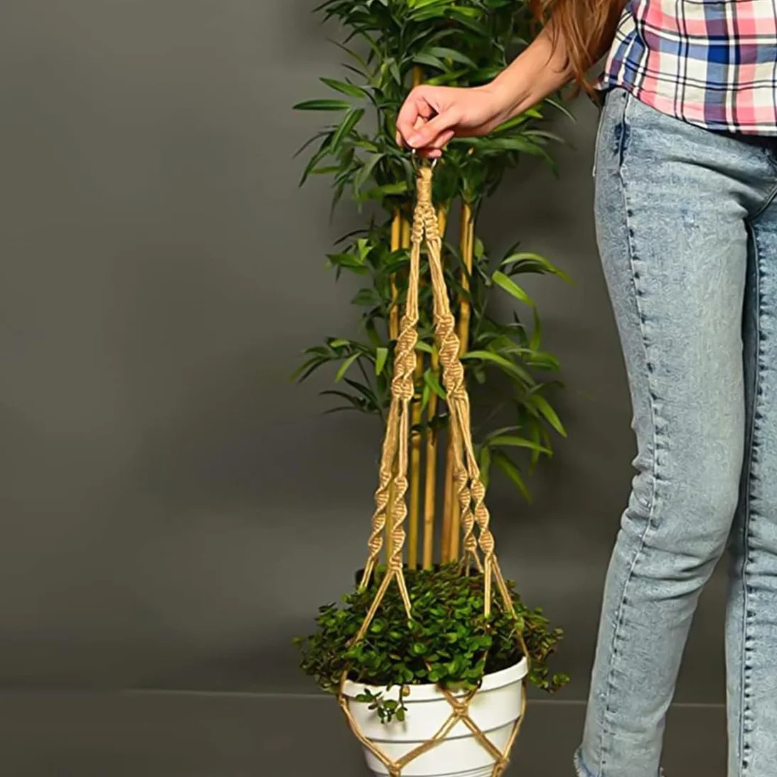 Macramé Pot Suspendu avec Frange, Porte Pot de Fleurs Suspension Plante pour Décoration Jardin Style Bohême 2 Pièces