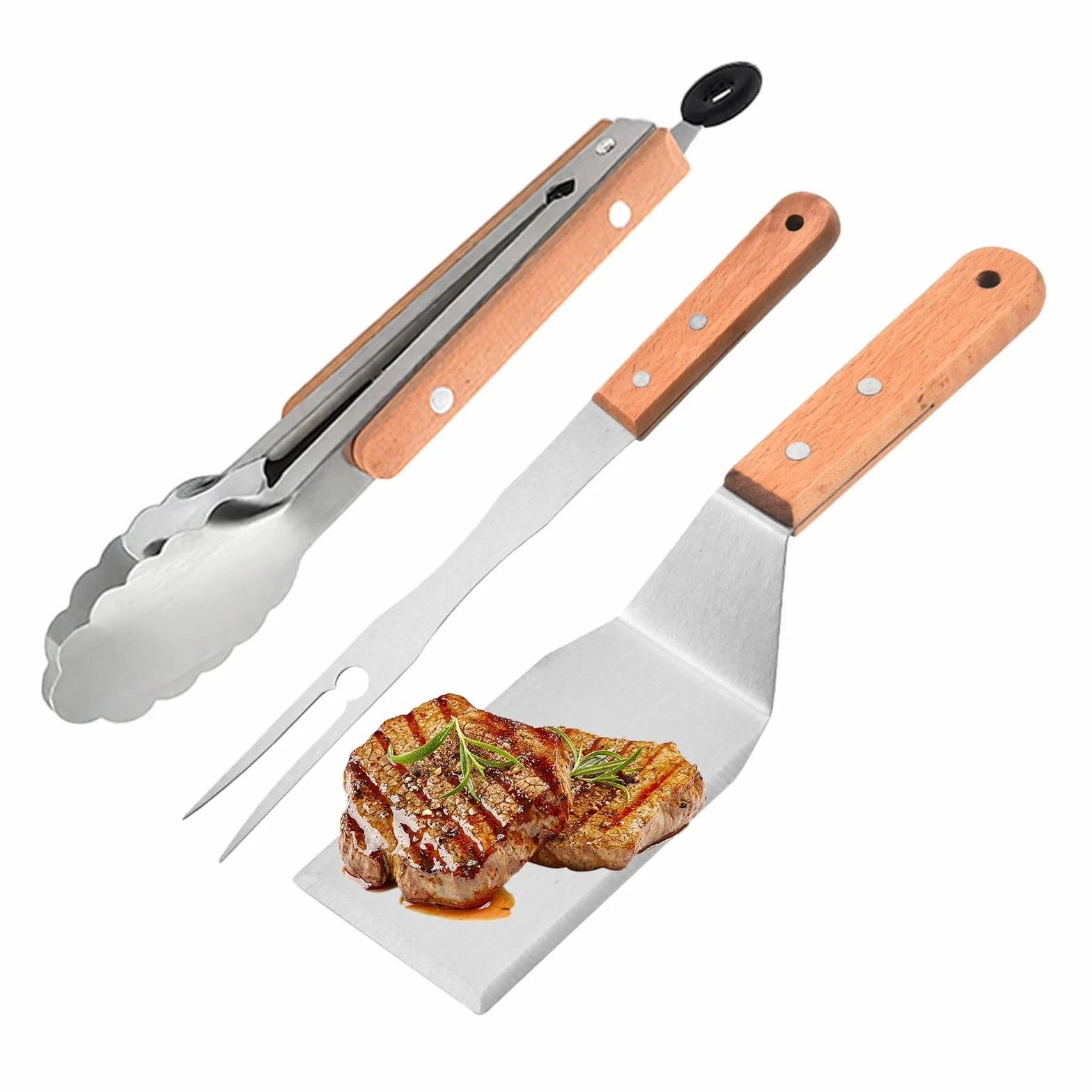 Ensemble de 3 Grattoirs Plancha - Spatule Inox, Pince et Fourchette à Viande, Accessoire Barbecue