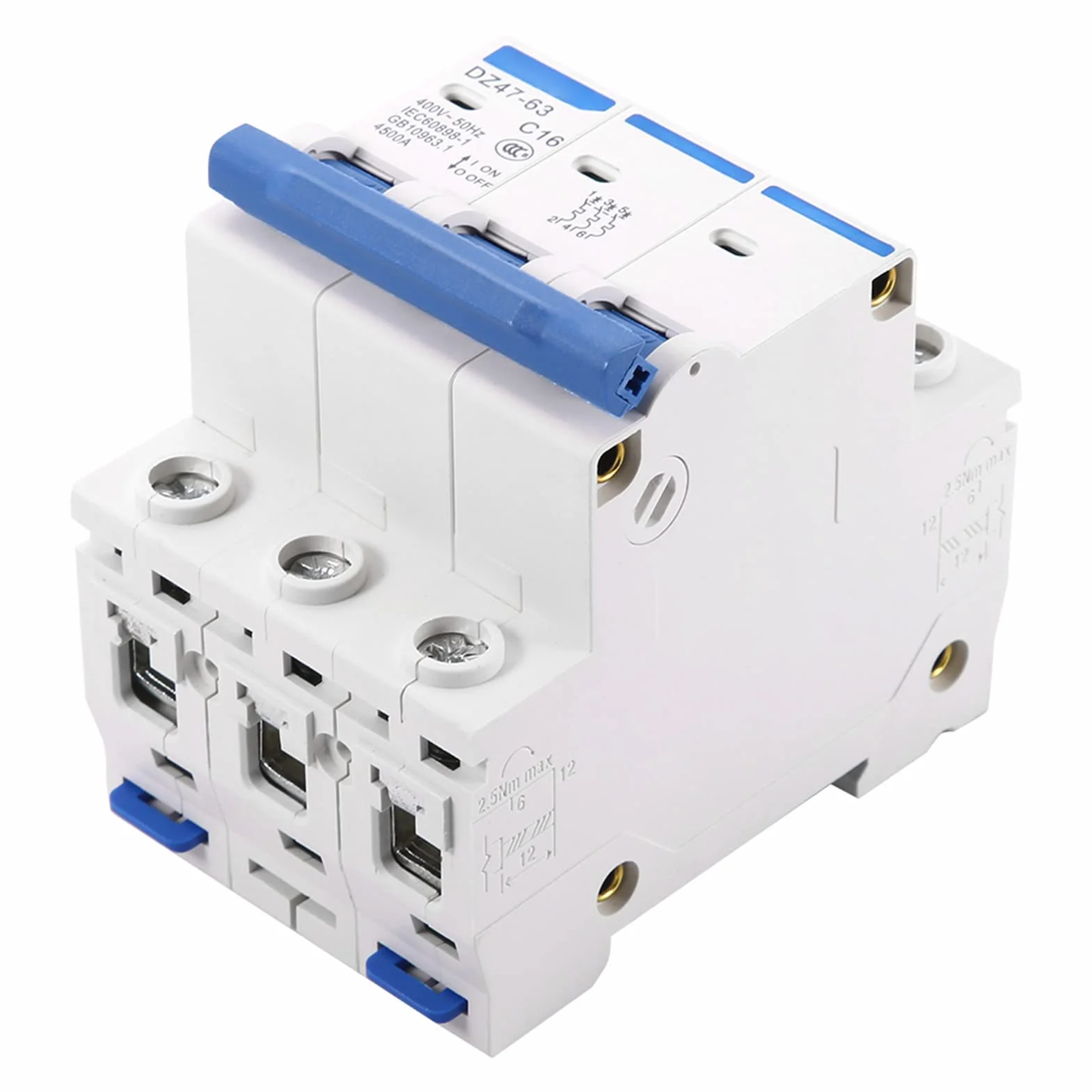 Disjoncteur Miniature Automatique de Sécurité DZ4763 3 Pôles 400V Courant Alternatif Montage sur Rail DIN 35 Millimètres 16 Ampères
