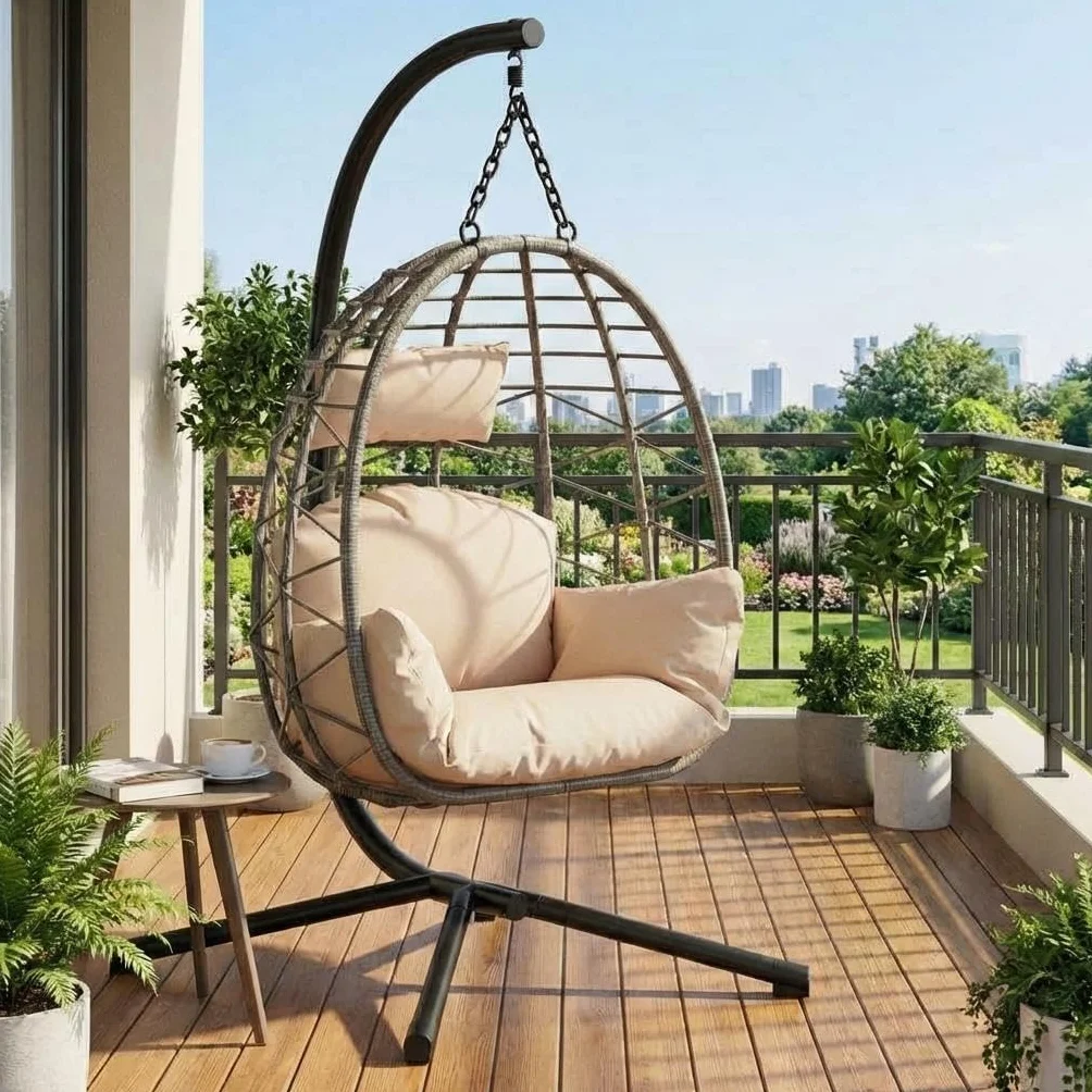 Garvee Fauteuil Suspendu Aria en Rotin Synthétique – Chaise Balancelle avec Coussin Épais, Hauteur Réglable, Beige