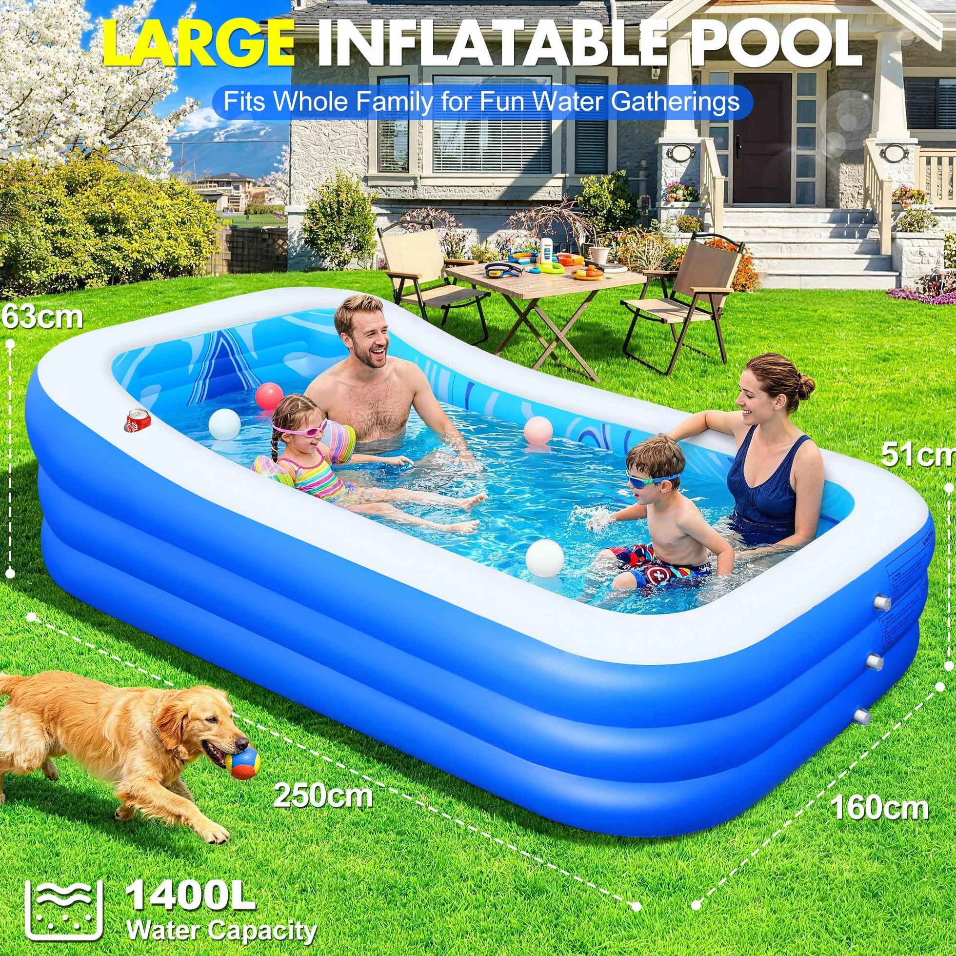 LuxBlue Piscine Gonflable Adulte 250x160x63cm Familiale avec Siège et Dossier 0.5mm Épaissi