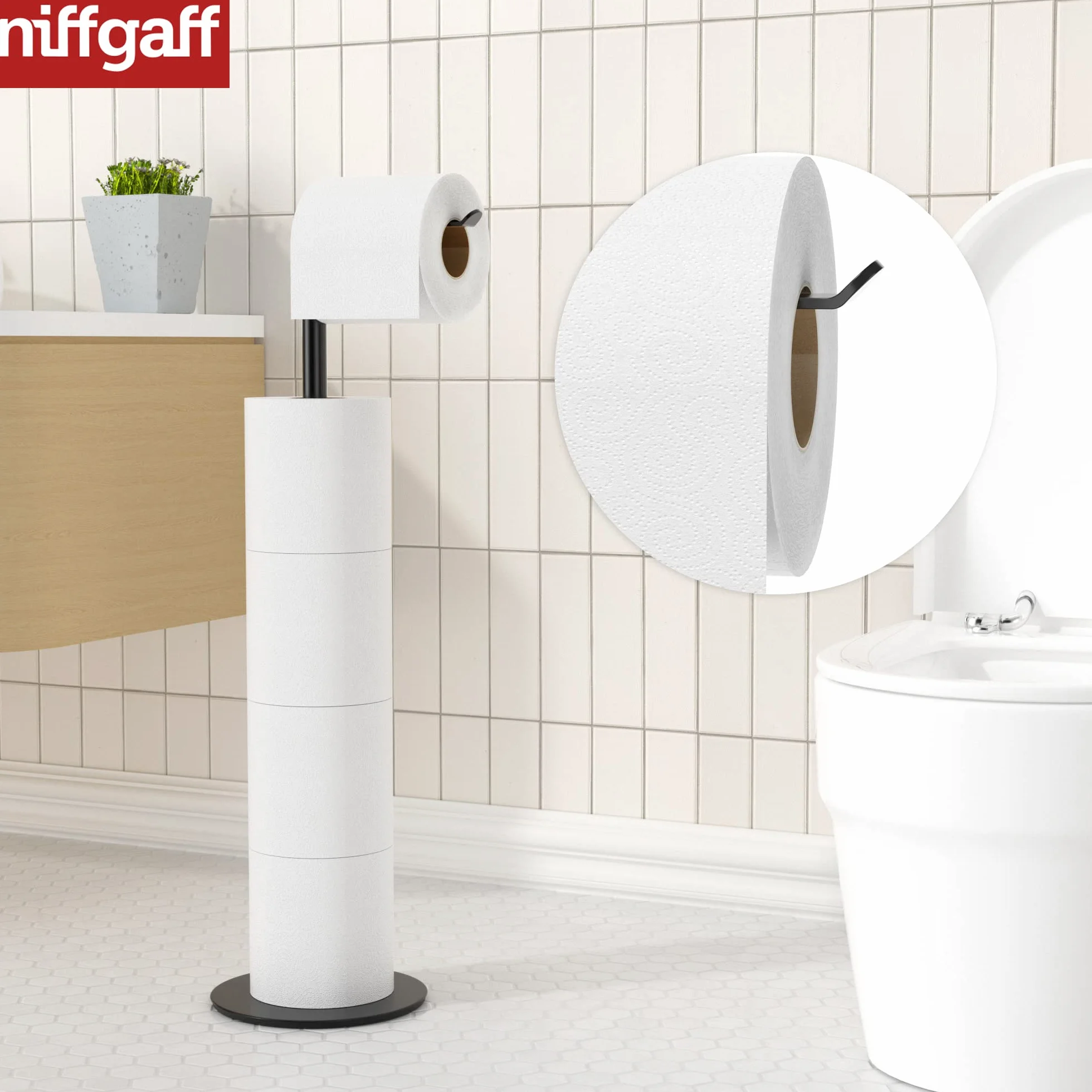 Porte-Rouleau de Papier Toilette sur Pied pour Salle de Bain, Support en Acier Inoxydable avec Finition Noire, Distributeur Simple et Pratique