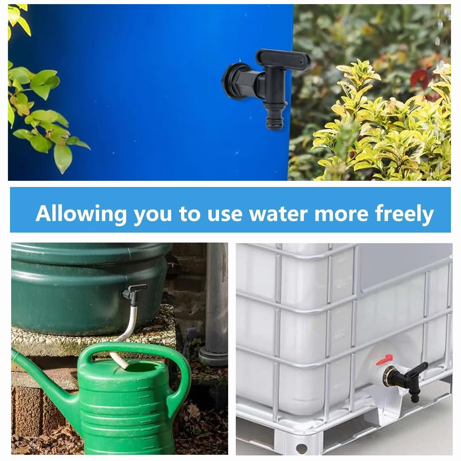 Lot de 2 robinets d'écoulement 3/4" pour citerne d'eau de pluie - Adaptateur récupérateur - Noir