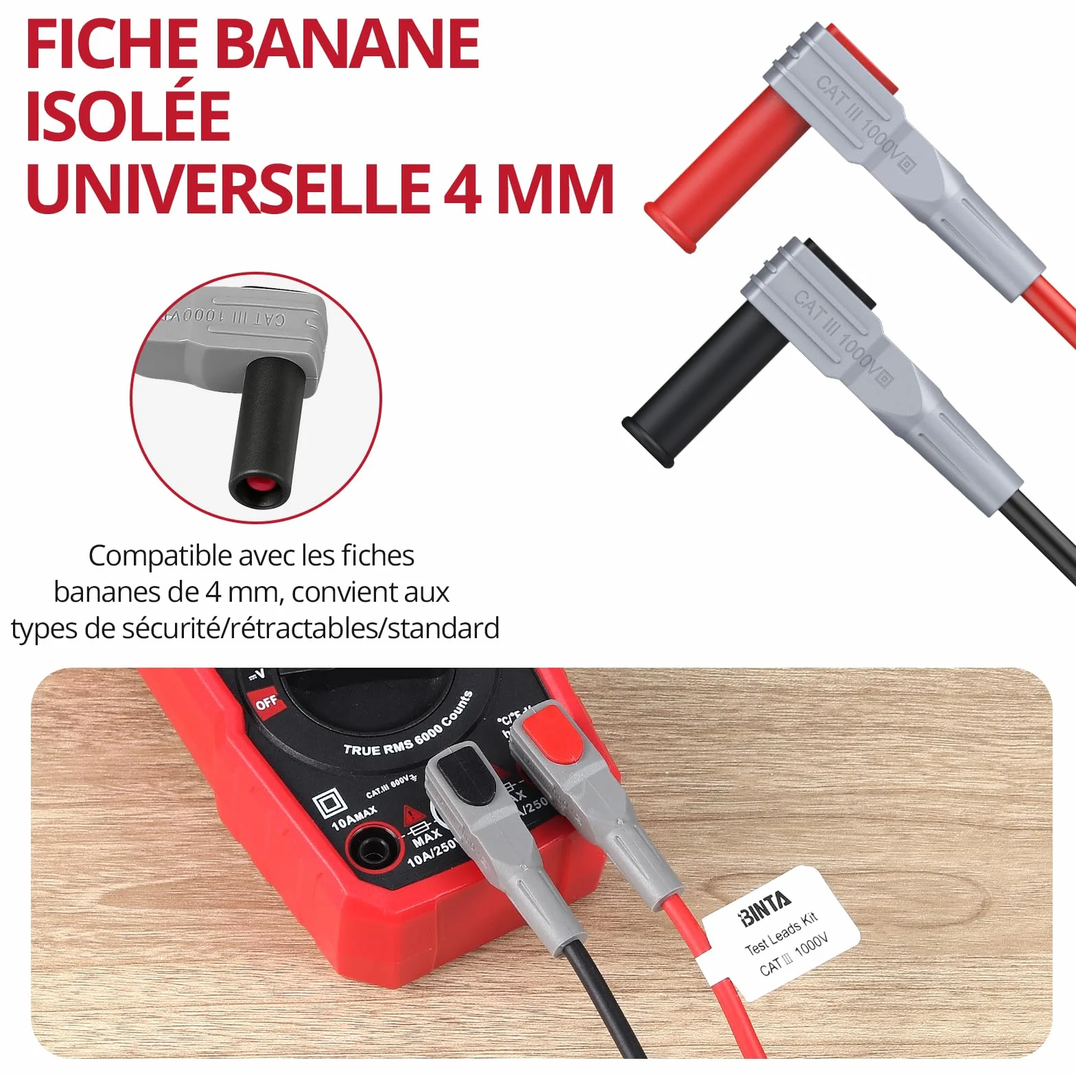 BINTA Cordons de Test Multimètre CAT III 1000V 20A, 1m Câbles avec Fiches Banane 4mm Isolées, Pointes Interchangeables 1/2/4mm (Plaquées Or), Pinces Crocodile, Capuchons