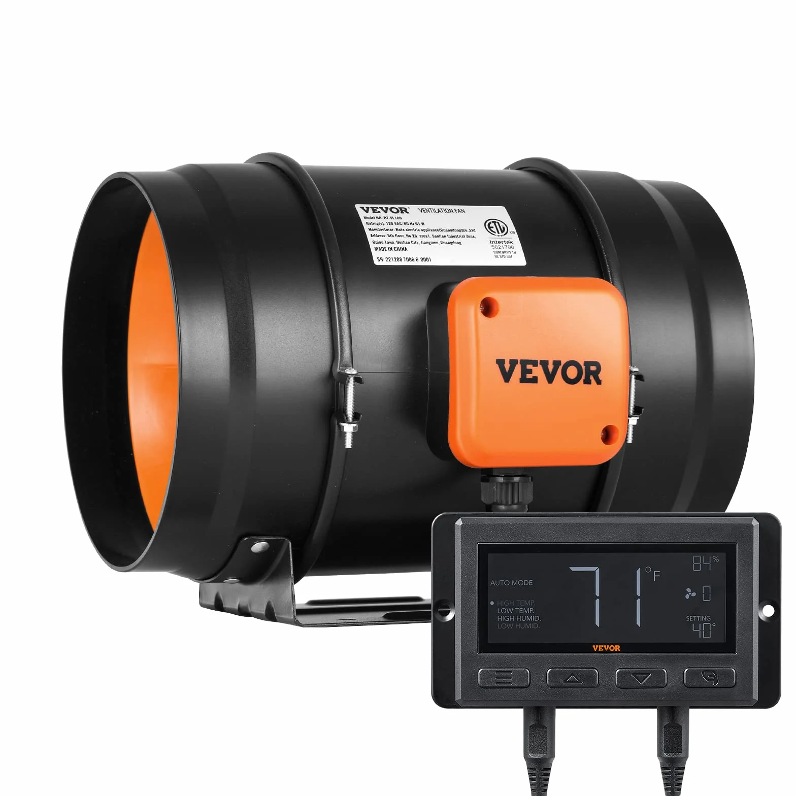 VEVOR Ventilateur d'Extraction 200 mm 1371 m³/h 68 W Extracteur d'Air avec Régulateur Température Humidité