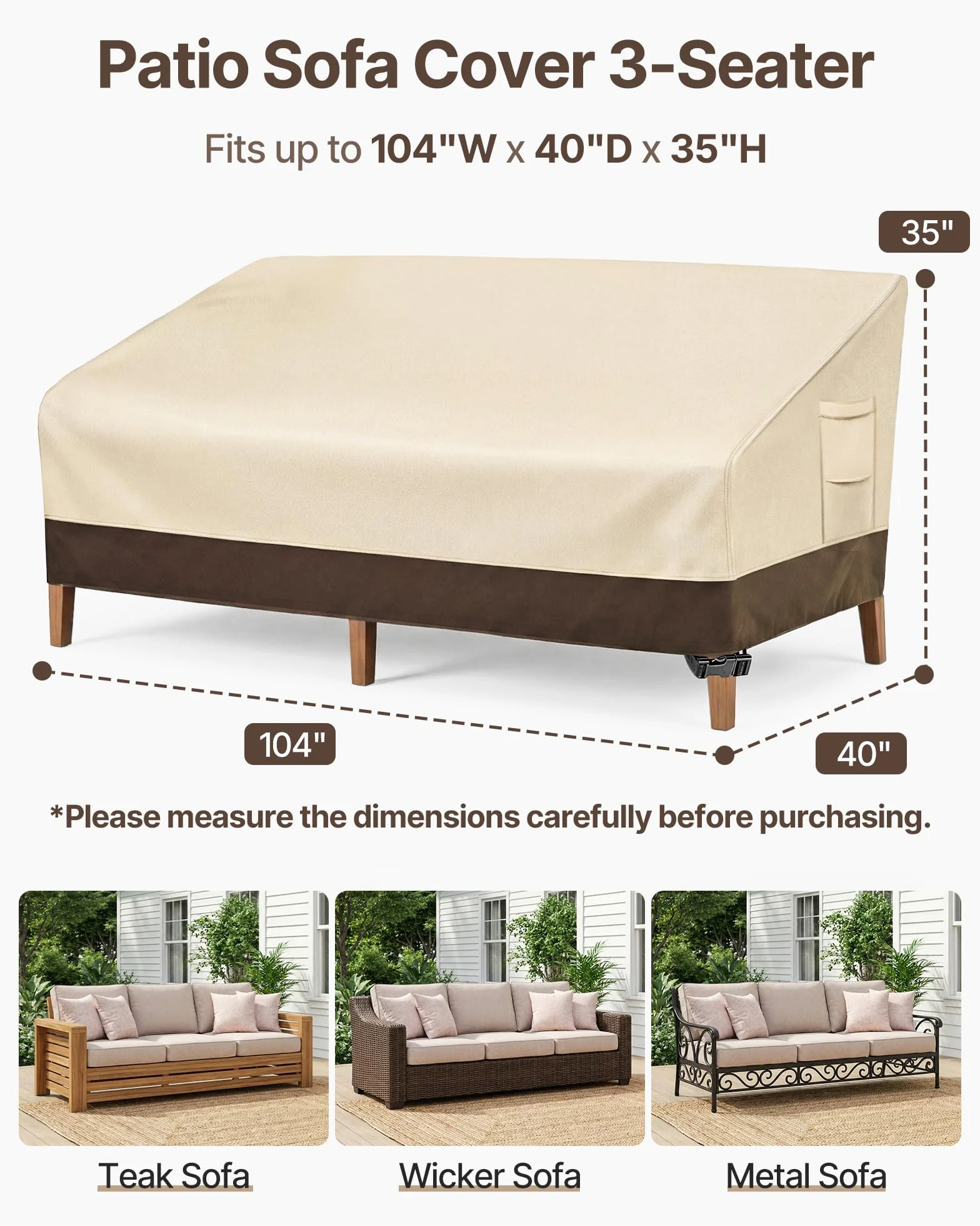 Vailge Housse de canapé de terrasse imperméable 3 places pour extérieur avec ventilation poignée beige marron