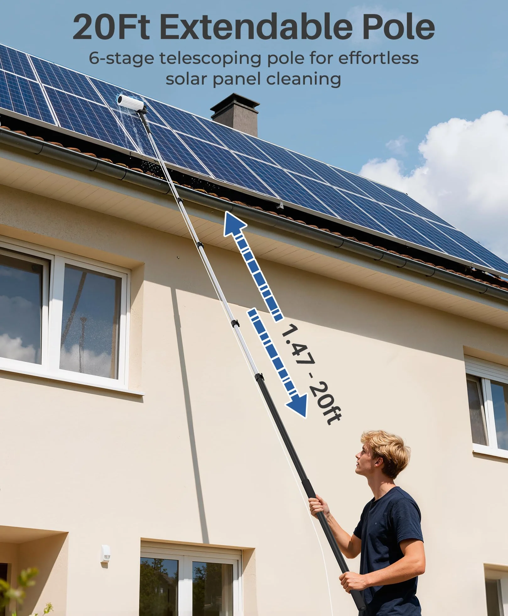 LyriFine Kit de nettoyage pour panneaux solaires électriques, poteau extensible pour le nettoyage des fenêtres de 6 mètres avec tige télescopique à 5 étages, brosse de nettoyage de fenêtre à 2