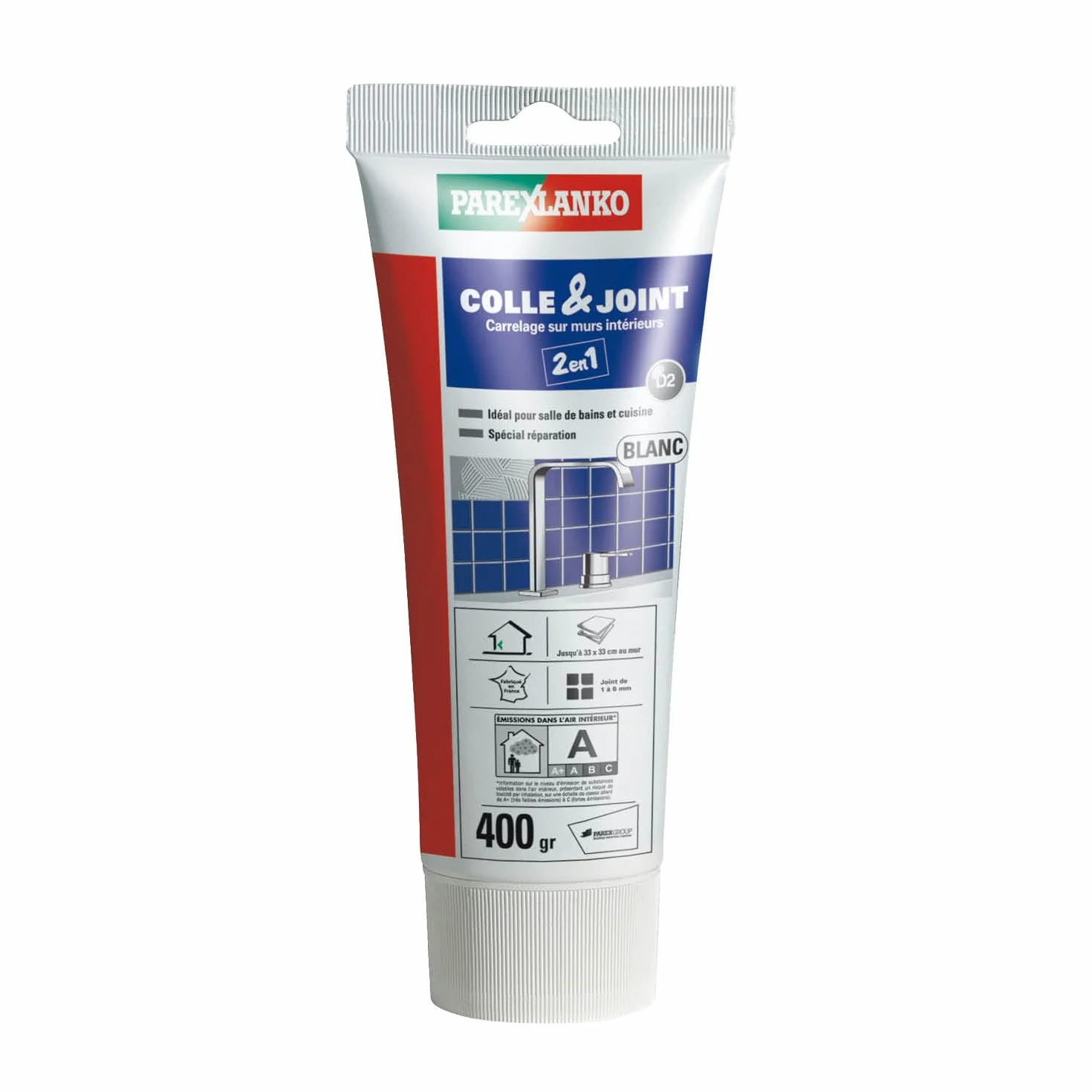 Parexlanko - Colle carrelage et joint en pâte - Colle & Joint 2 en 1 - Blanc - Pour mur intérieur - Spécial pièces humides - Prête à l’emploi - 400g
