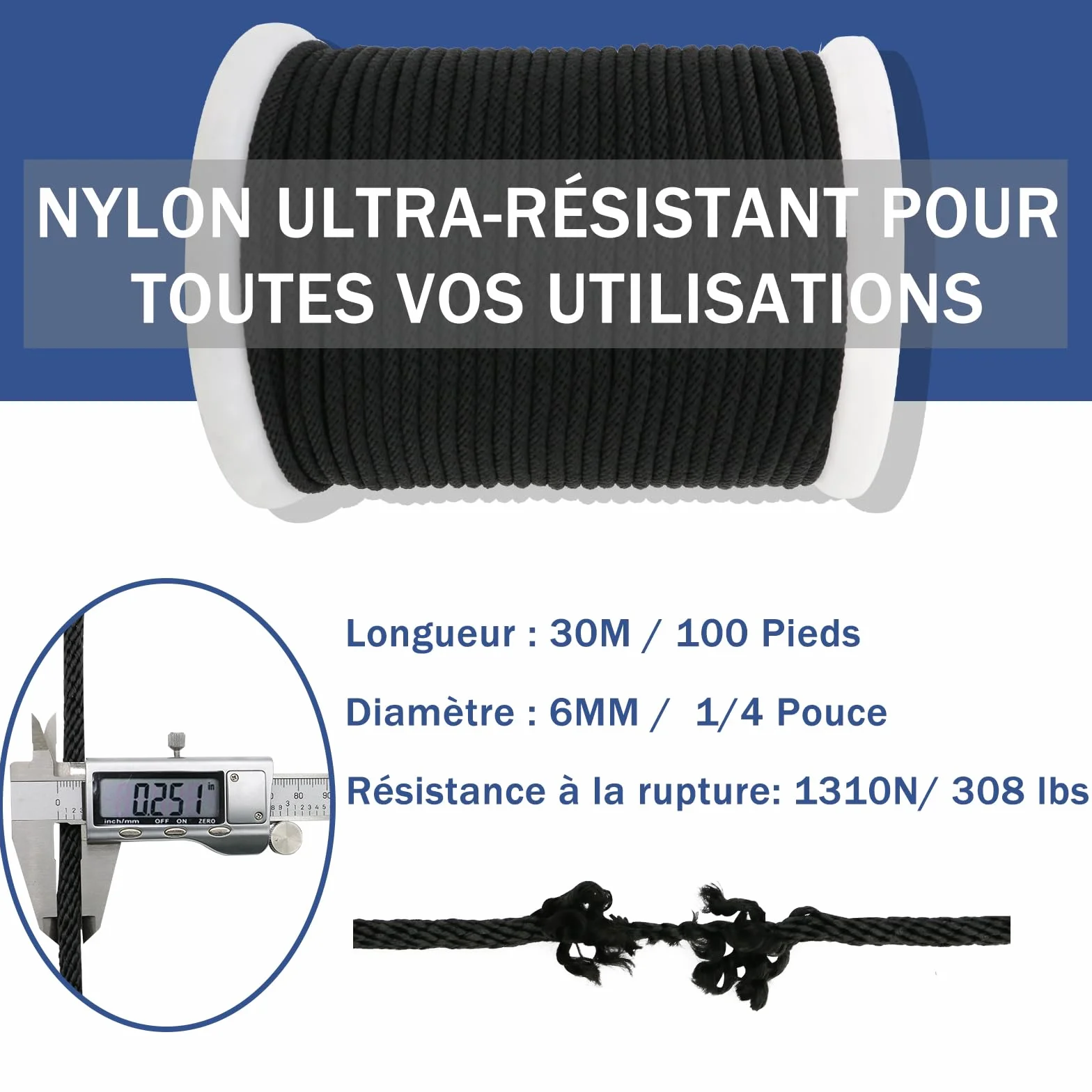 NQ Corde en Nylon 30M x 6MM de Diamètre, 100FT Cordeau en Nylon pour Extérieur, Camping et Randonnée, Corde Robuste pour DIY, Étendoir Et Suspension(Noir)