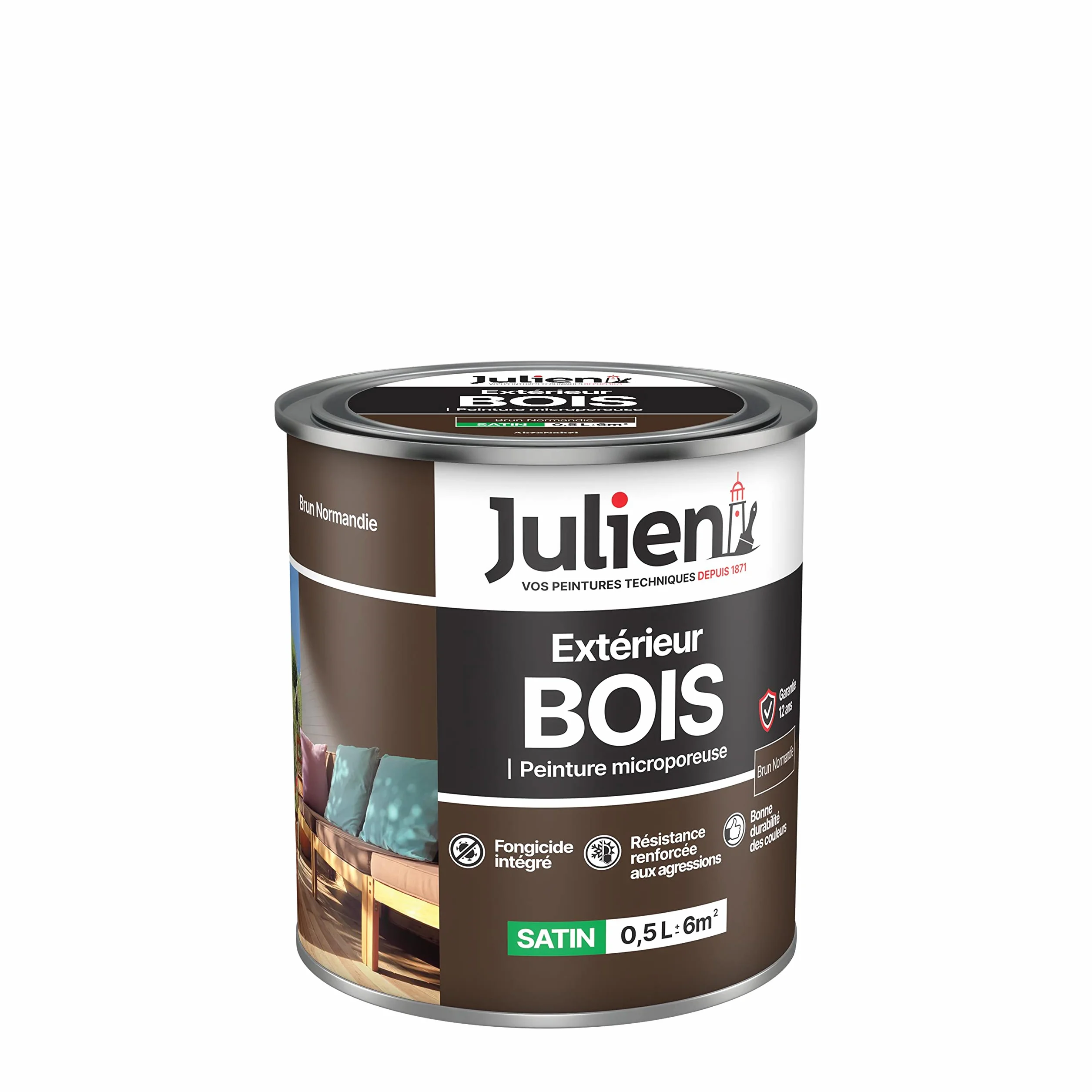 Julien Peinture Bois Microporeux Extérieur Satin - Portes, fenêtres, portails, mobilier de jardin - Brun Normandie 0,5 L
