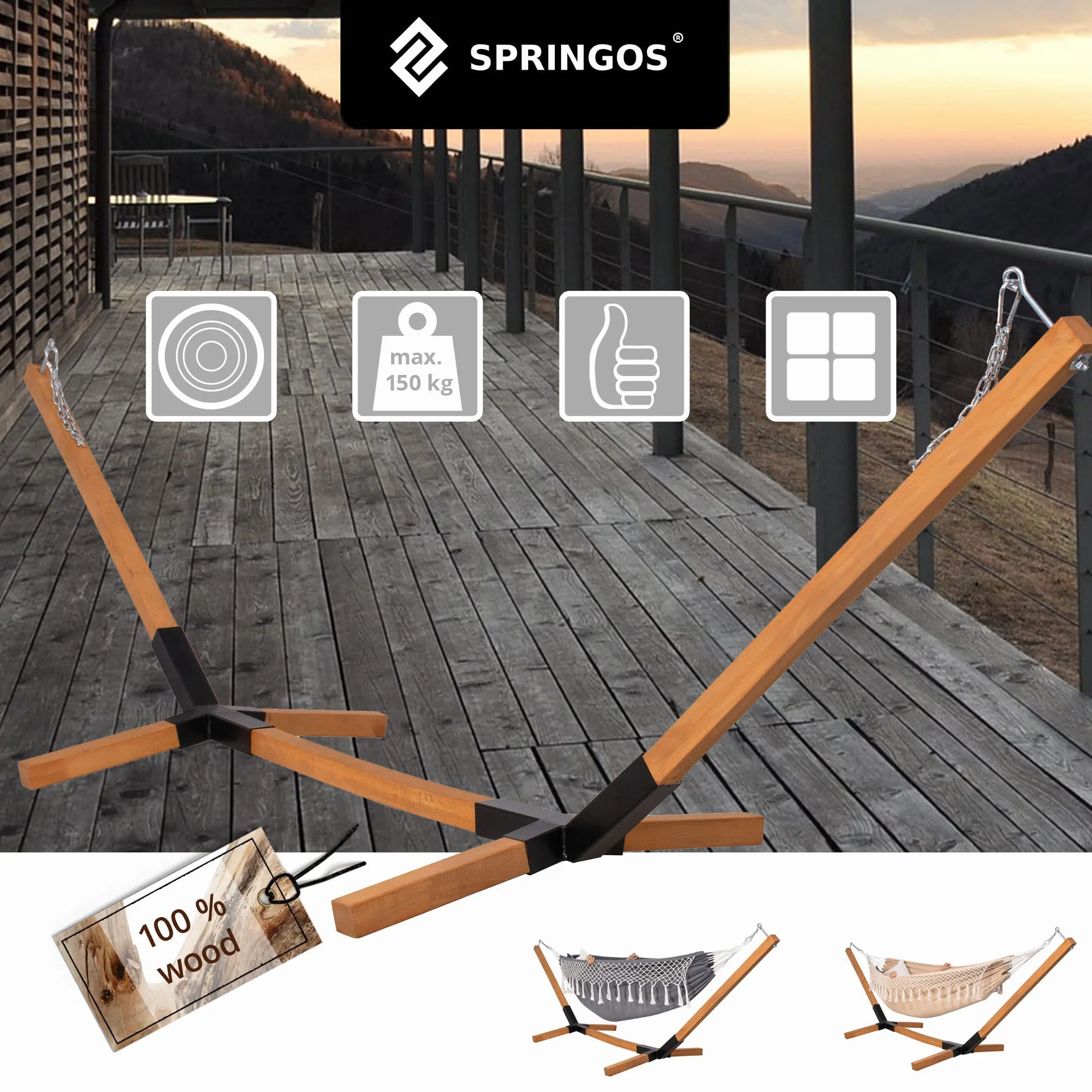 Support de hamac SPRINGOS 85 x 295 cm Bois Massif Charge Max. 150 kg