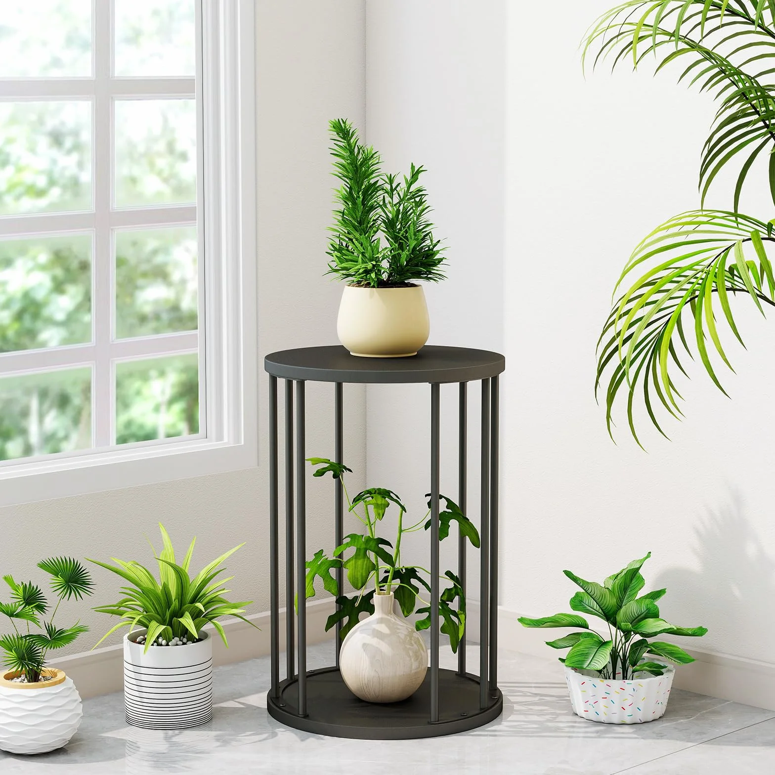 Support rond pour plantes en métal 45 cm Noir pour Jardin Balcon