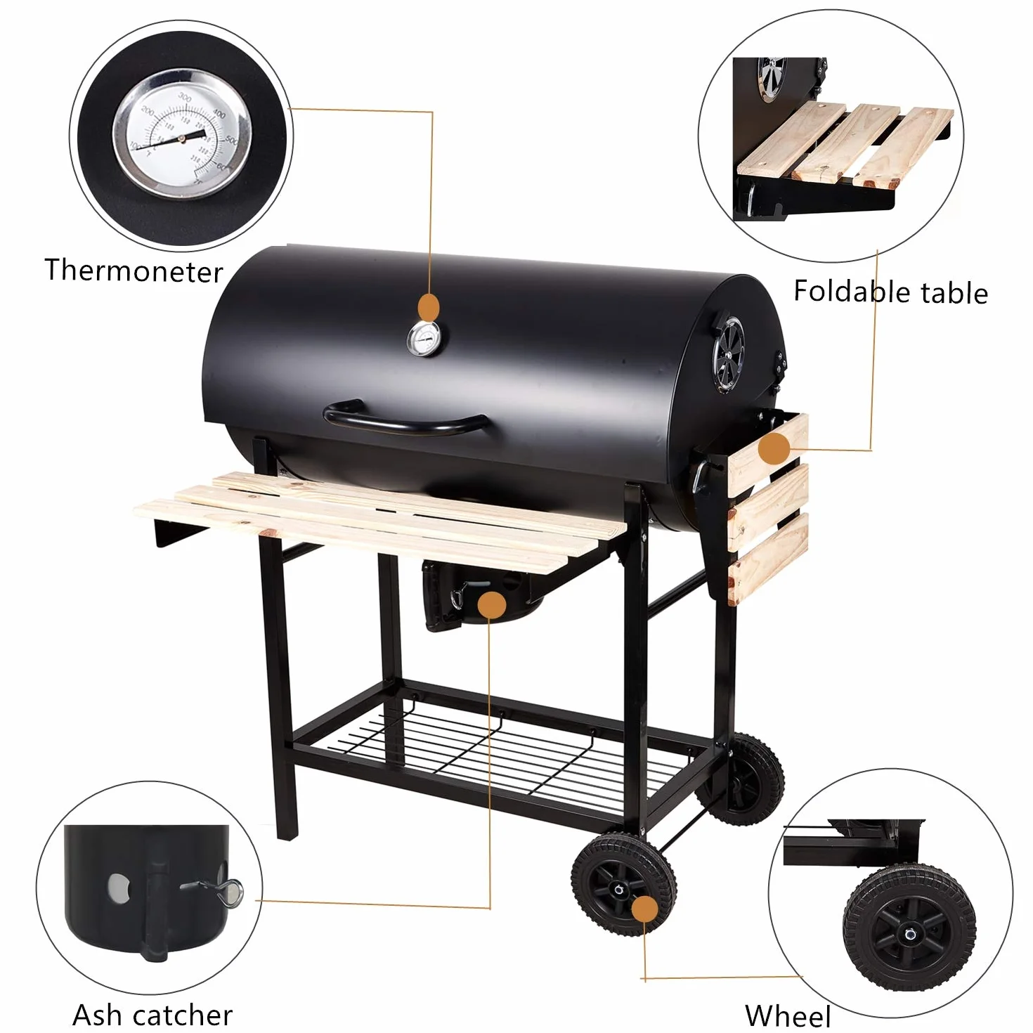 Barbecue à Charbon BBQ de Jardin avec 2 Etagères en Bois 101×70.5×94.5CM