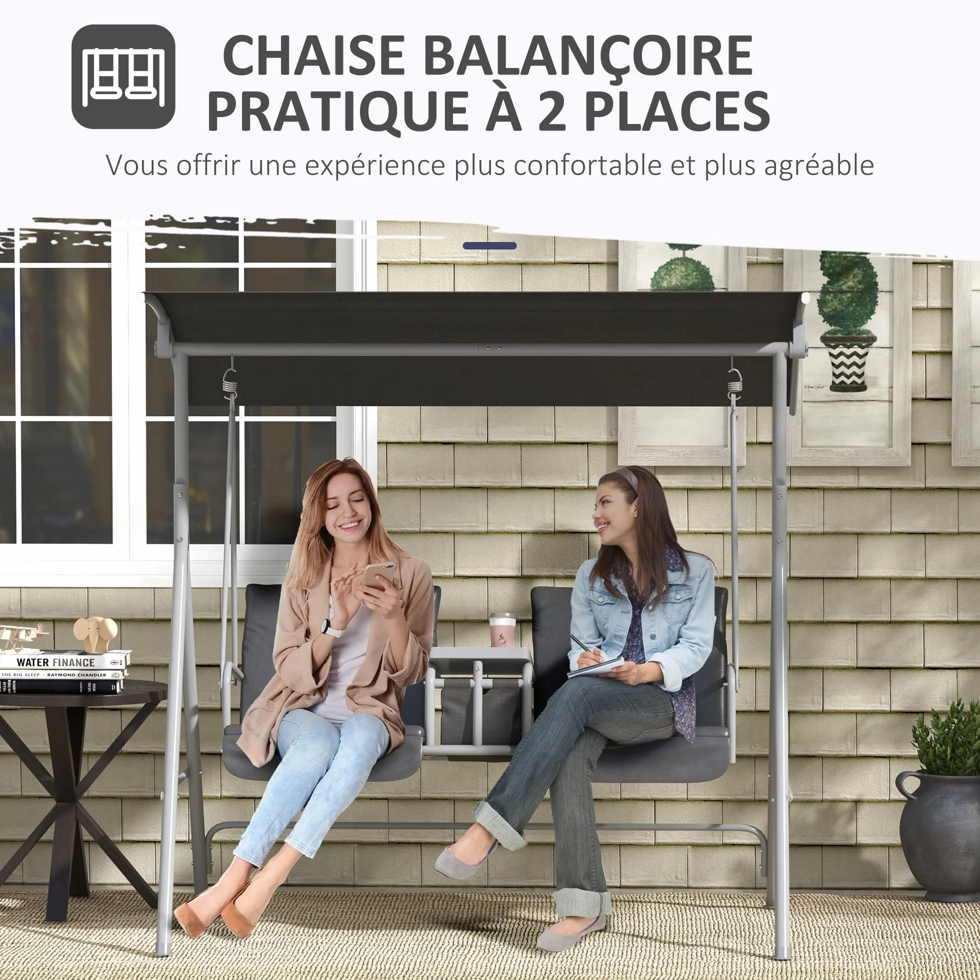 Outsunny Balancelle de Jardin 2 Places avec Auvent Inclinable Tablette Centrale 175x112x158 cm Gris