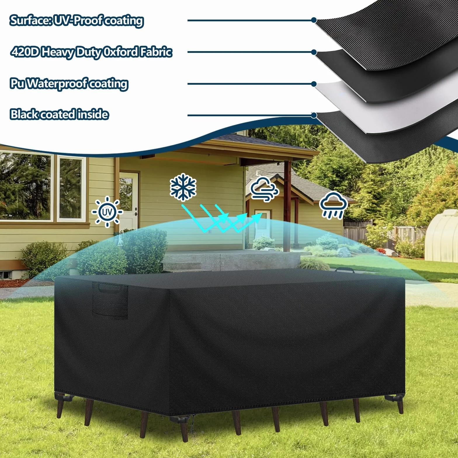Housse de Protection Table de Jardin Tissu Oxford 420D Imperméable Anti-UV Noir 200x100x75 cm