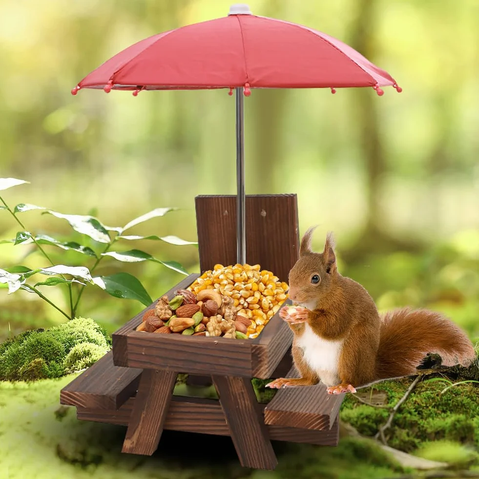 Mangeoire pour Écureuils en Bois avec Parasol et Banc, 18x21x18cm Marron